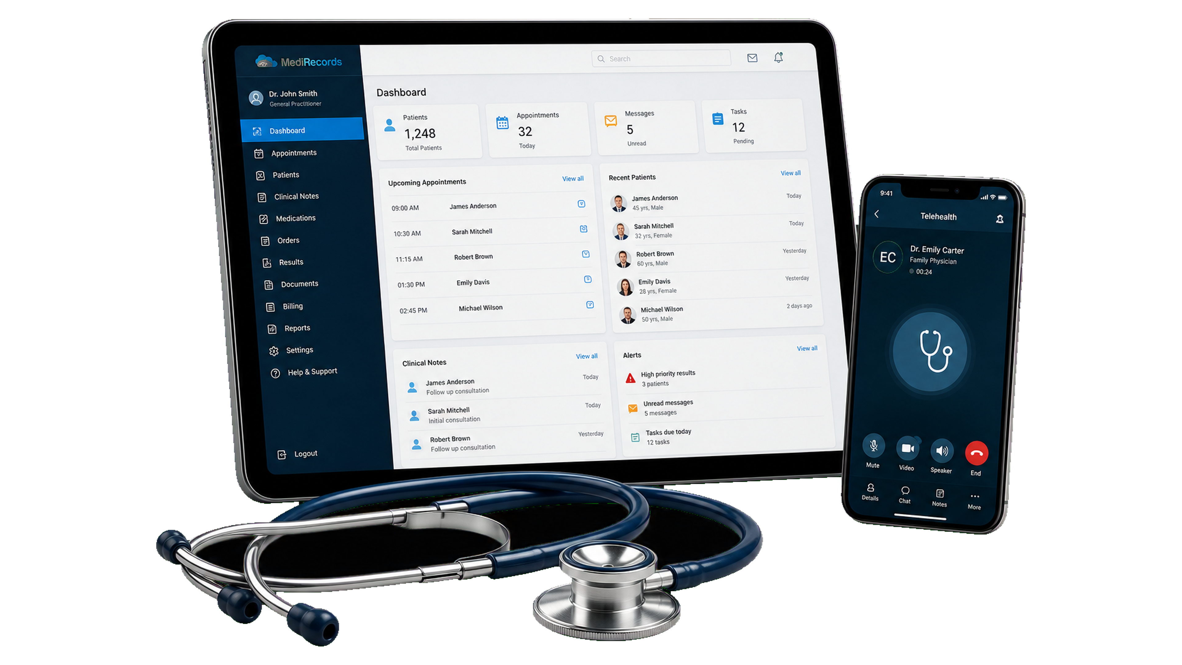Healthcare tablet, stethoscope, and medicine