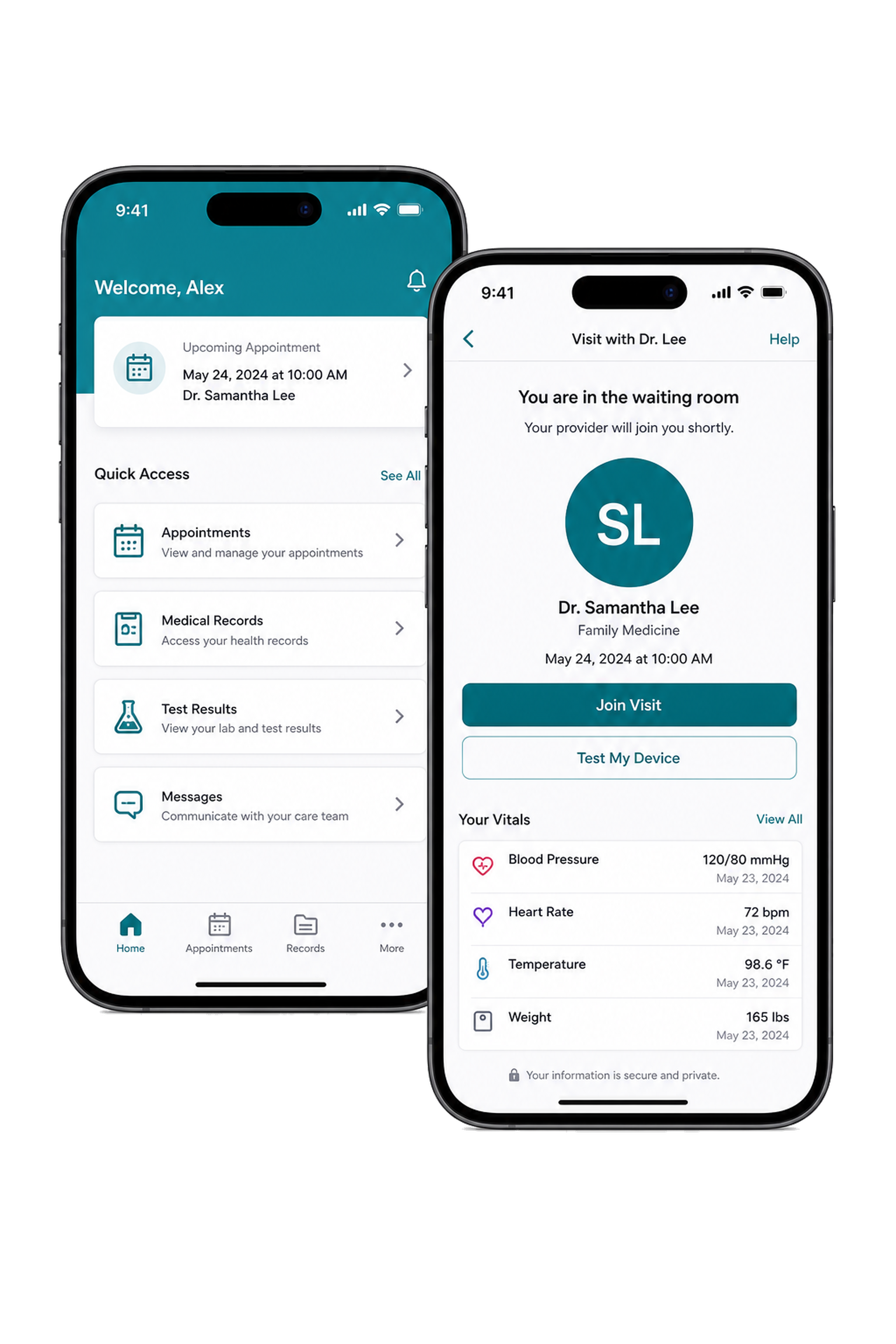 Healthcare app screens for patient portal and telemedicine