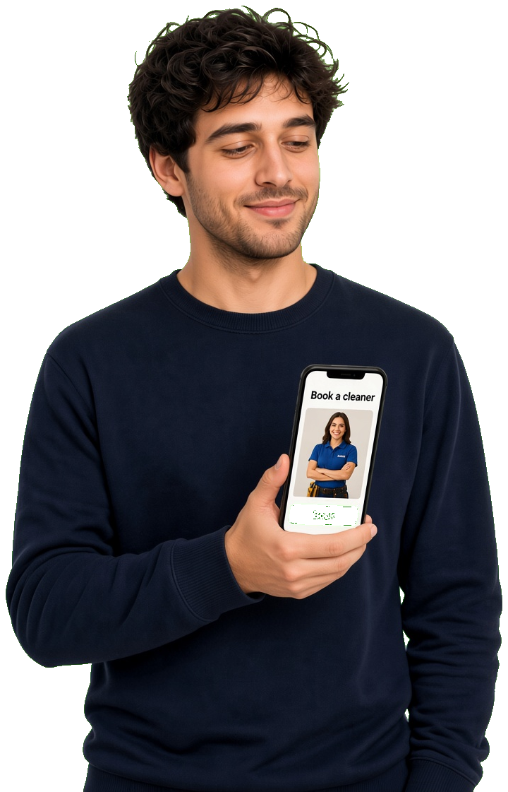 Home service app developer holding a mobile app