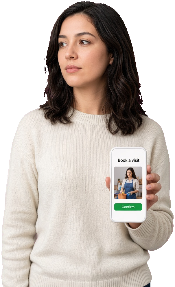 Home service specialist holding a booking app