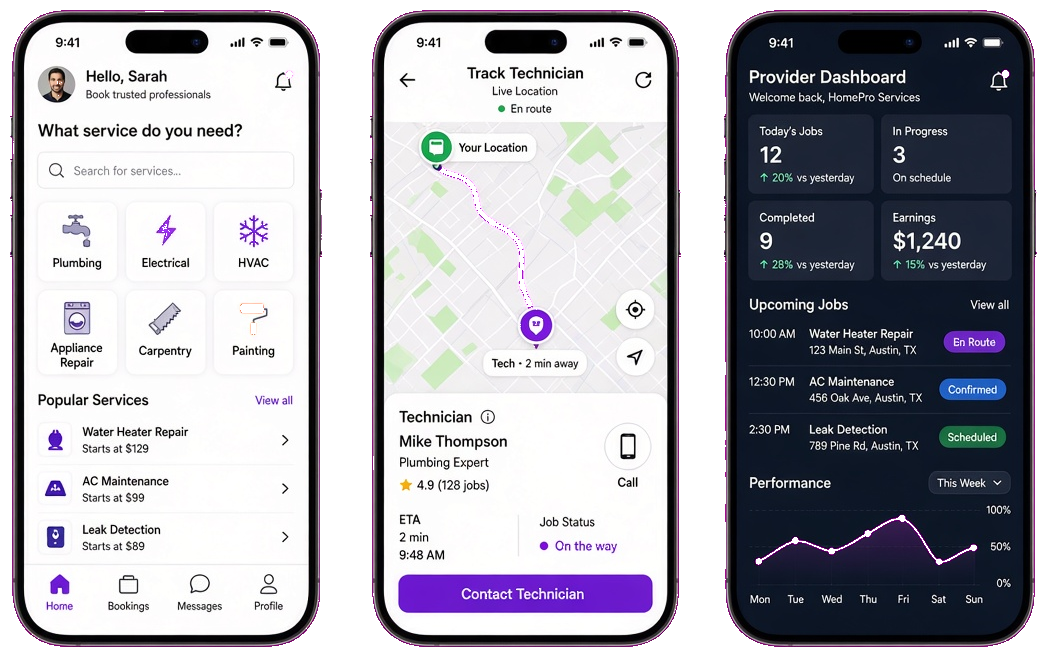 home service booking app screens