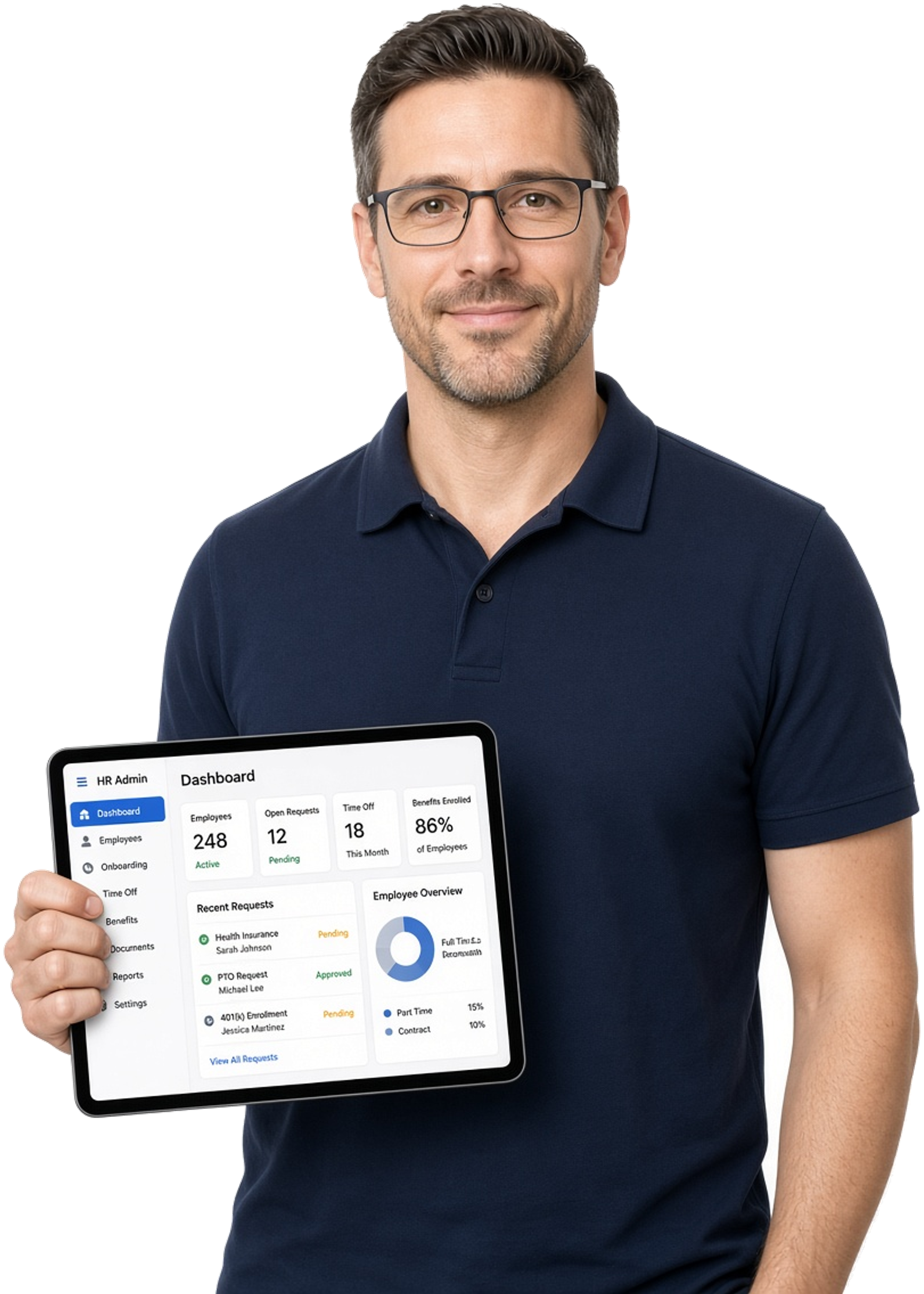 HR software developer presenting an employee portal on a tablet
