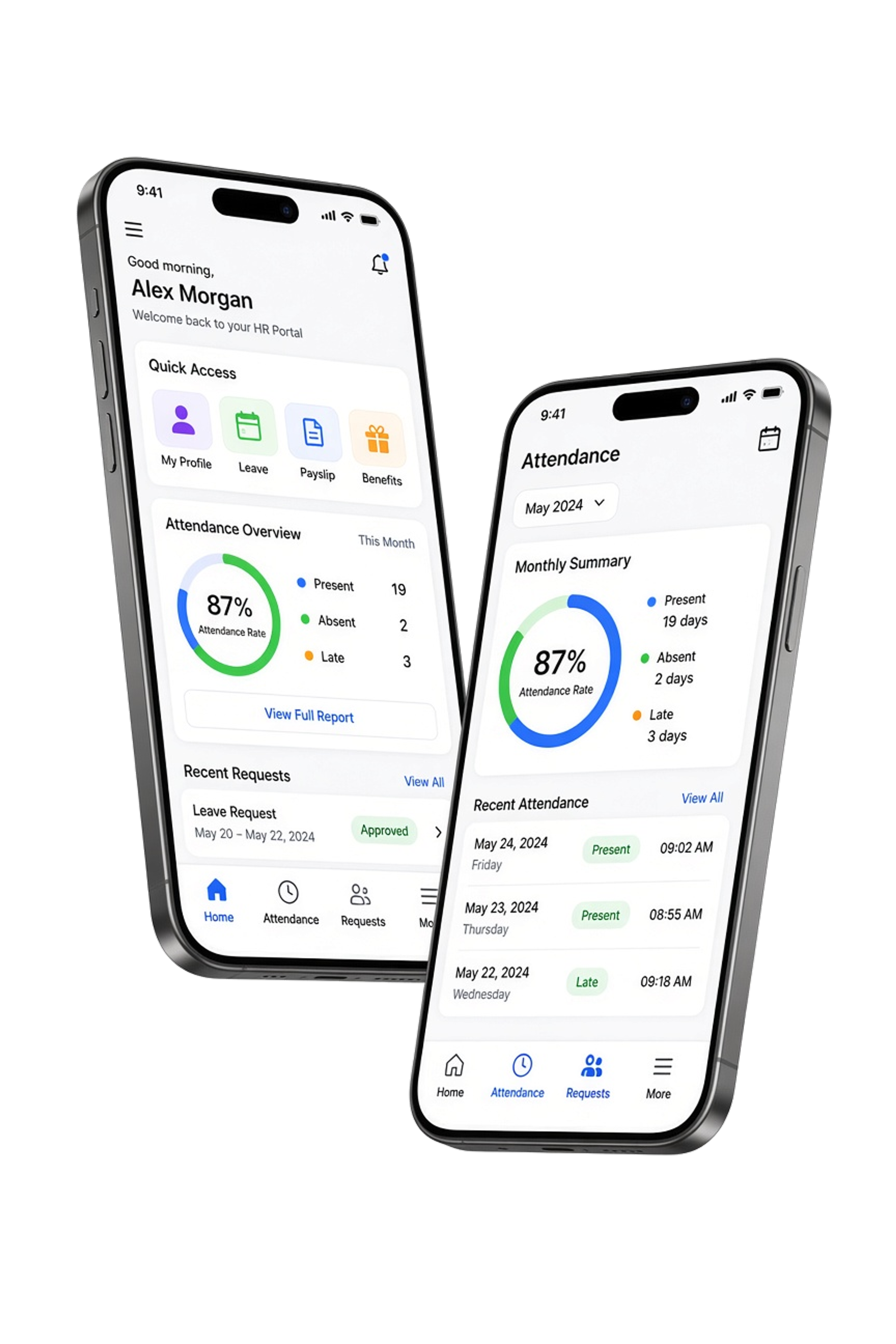 HR software screens for employee portal, attendance, and payroll
