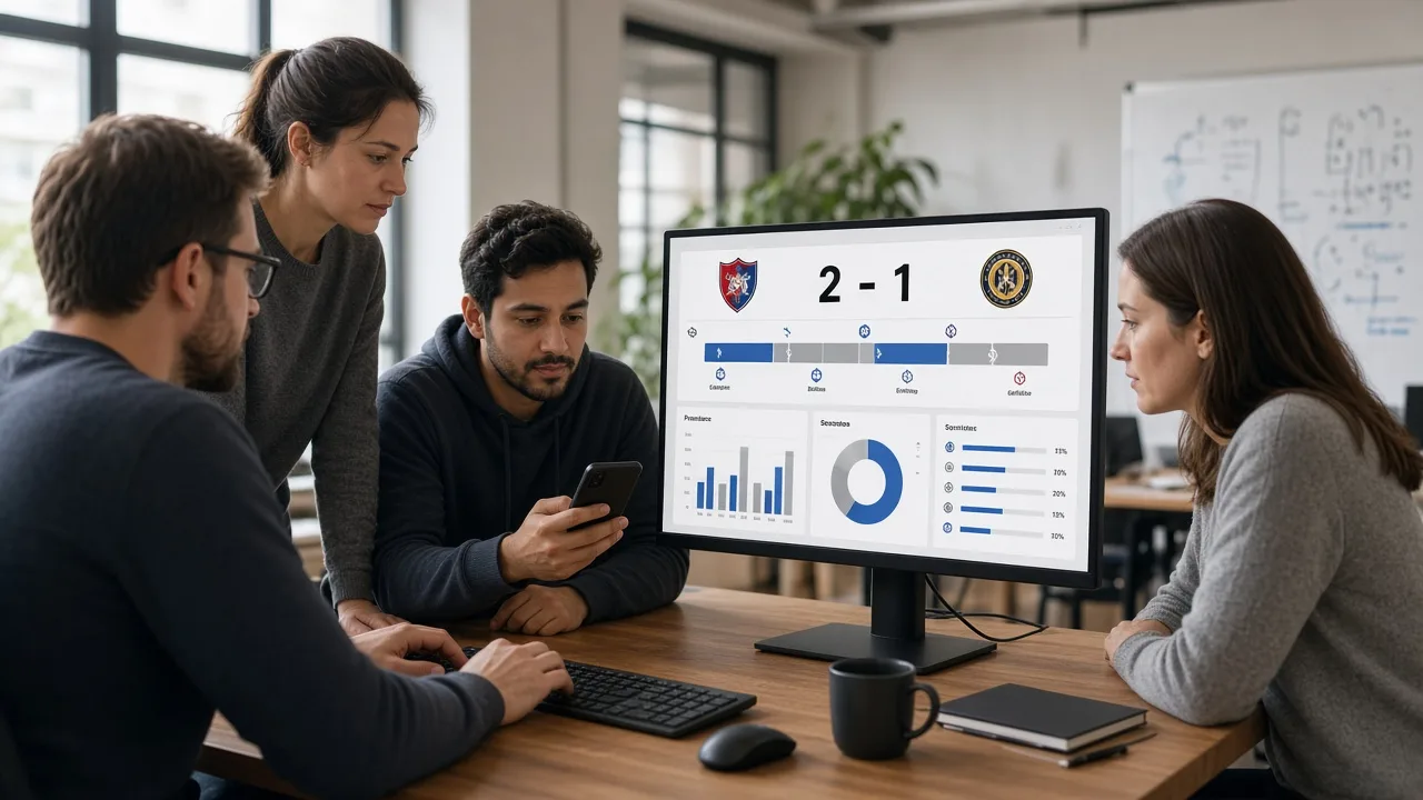 Sports app developers reviewing a live score dashboard
