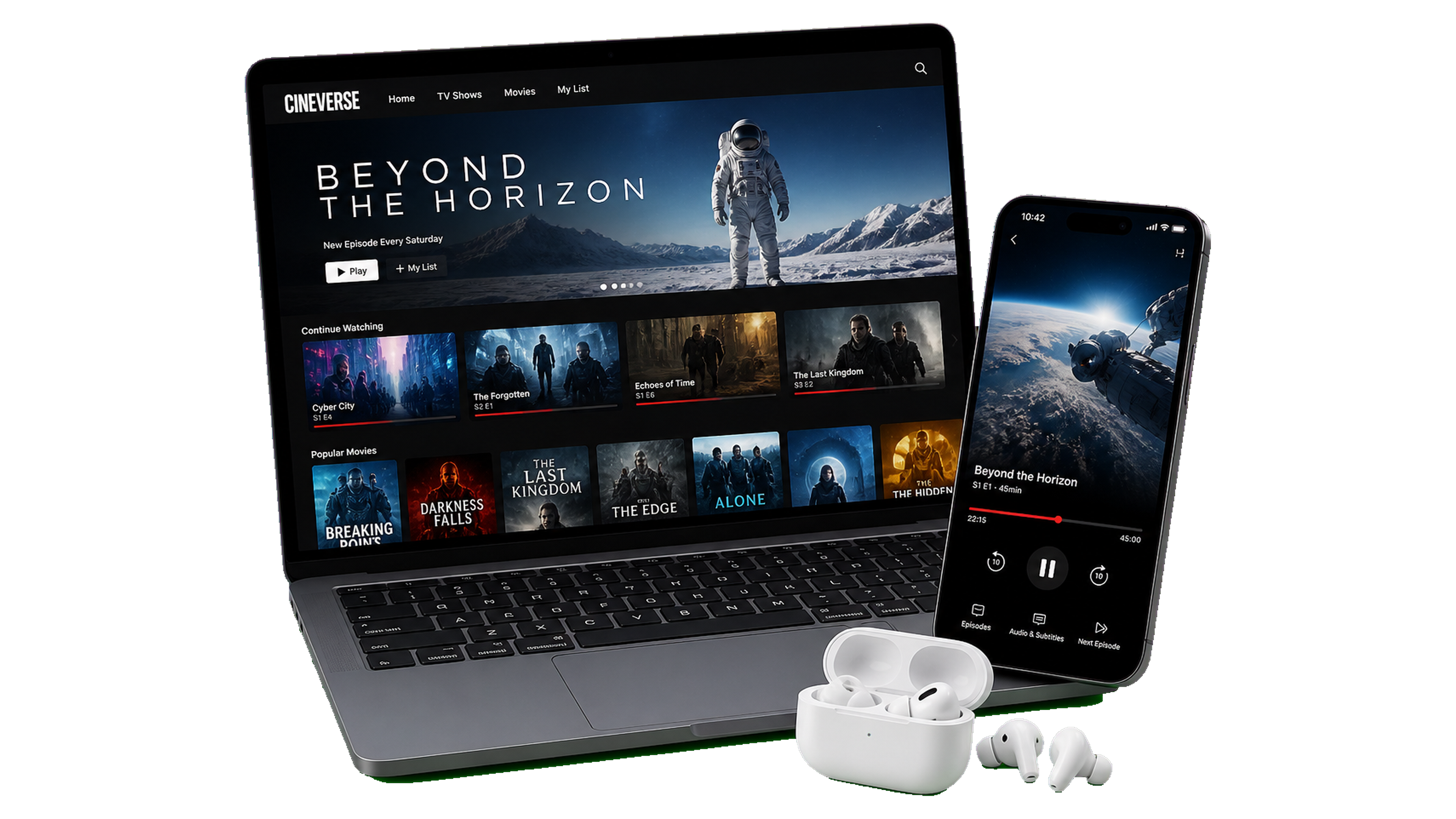 Laptop and phone with a streaming entertainment catalog