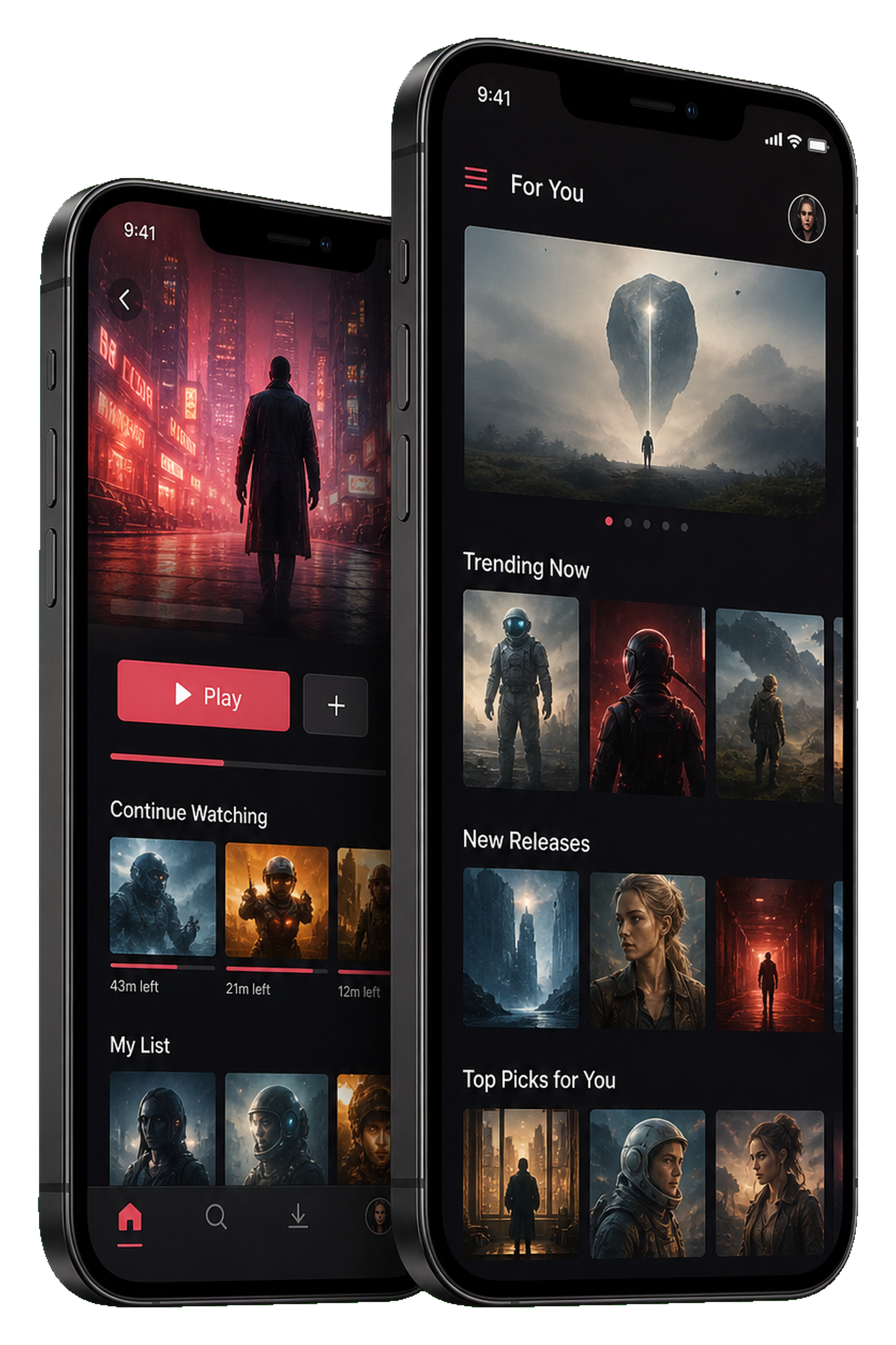 Streaming app screens with personalized feeds and playback