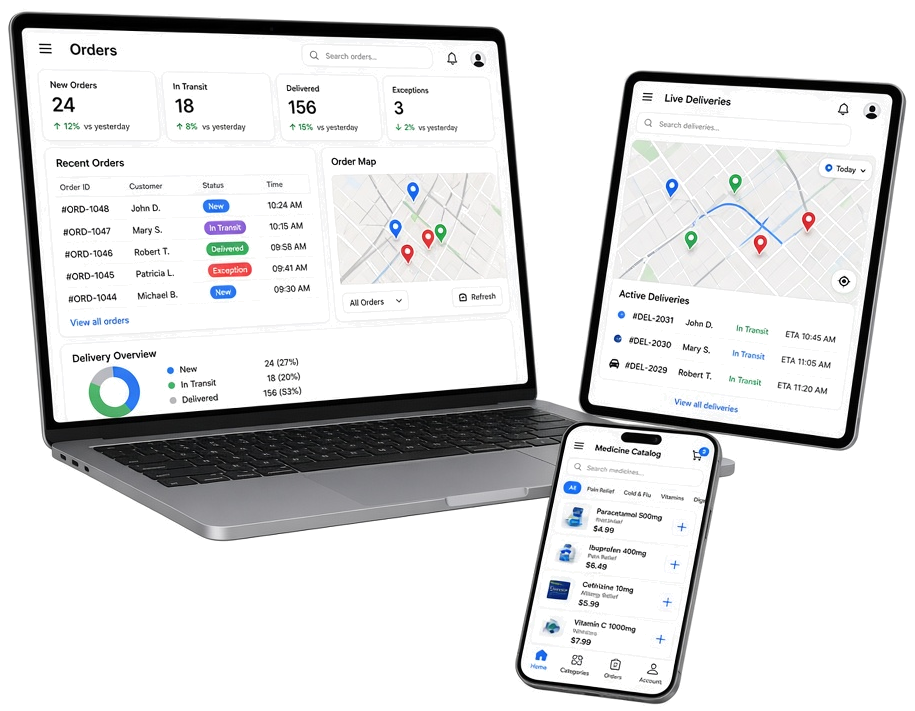 Laptop, tablet, and phone showing medicine delivery dashboards