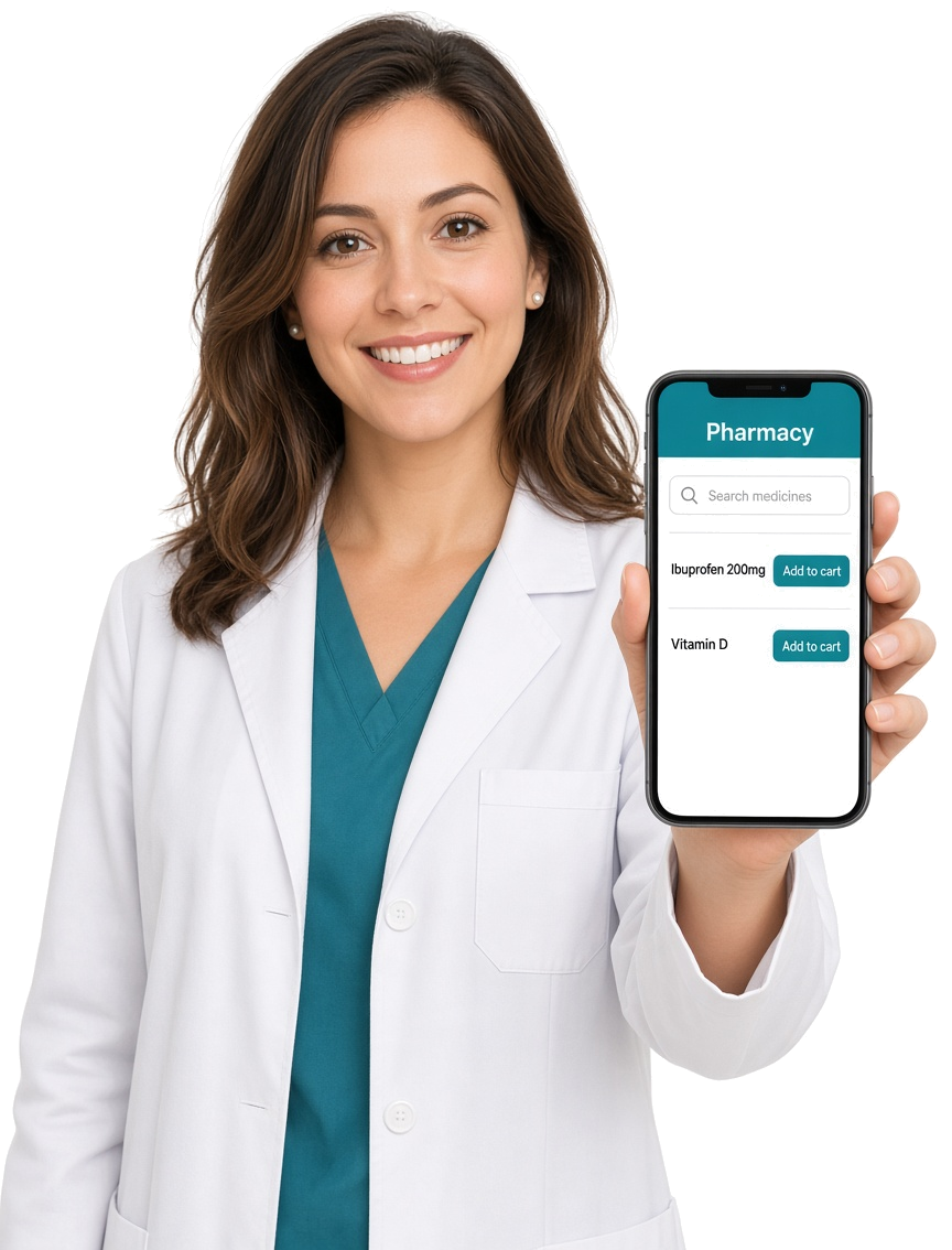 Pharmacist holding a phone with a medicine delivery app