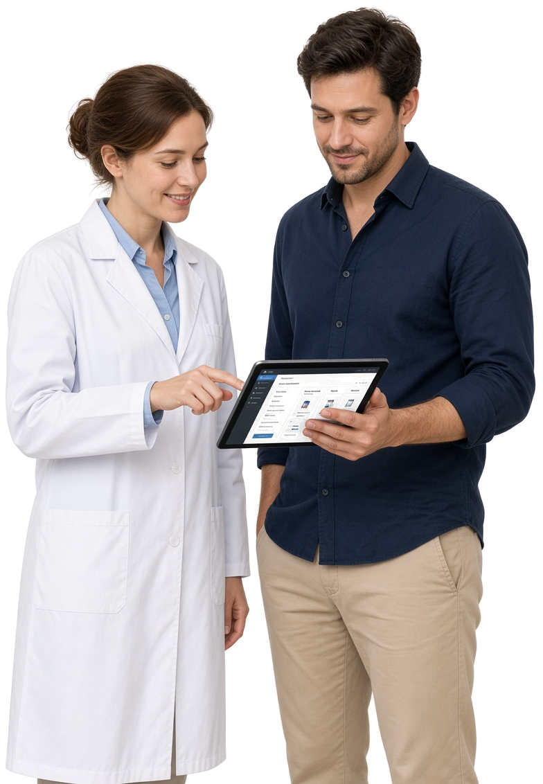 Pharmacy team reviewing a medicine delivery app on a tablet
