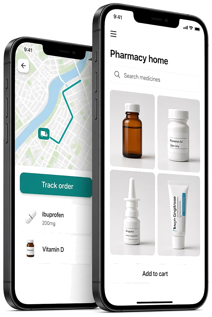 Medicine delivery app screens for catalog and prescription tracking