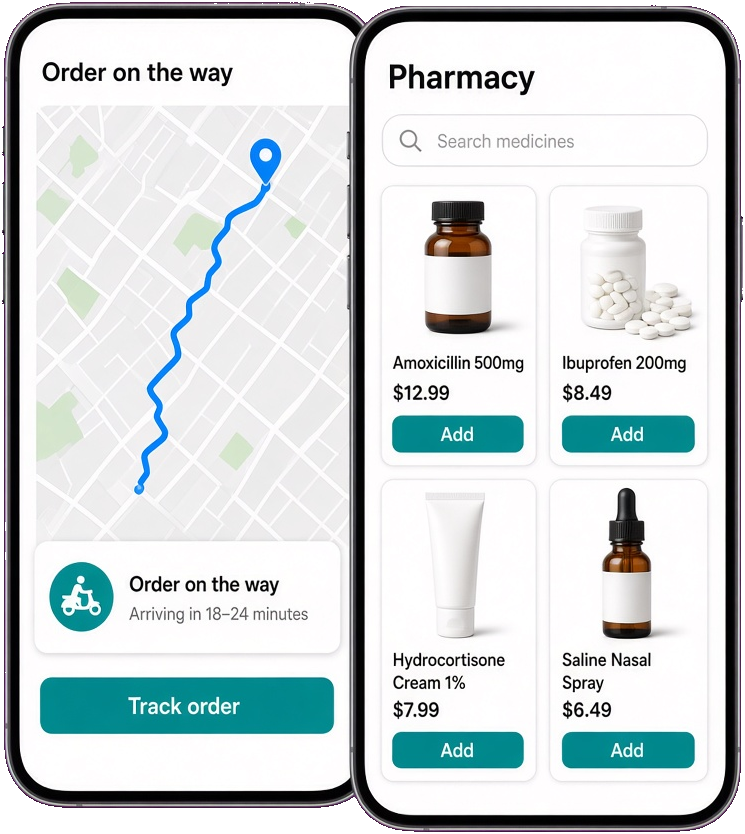 Medicine delivery app screens for catalog and prescription tracking