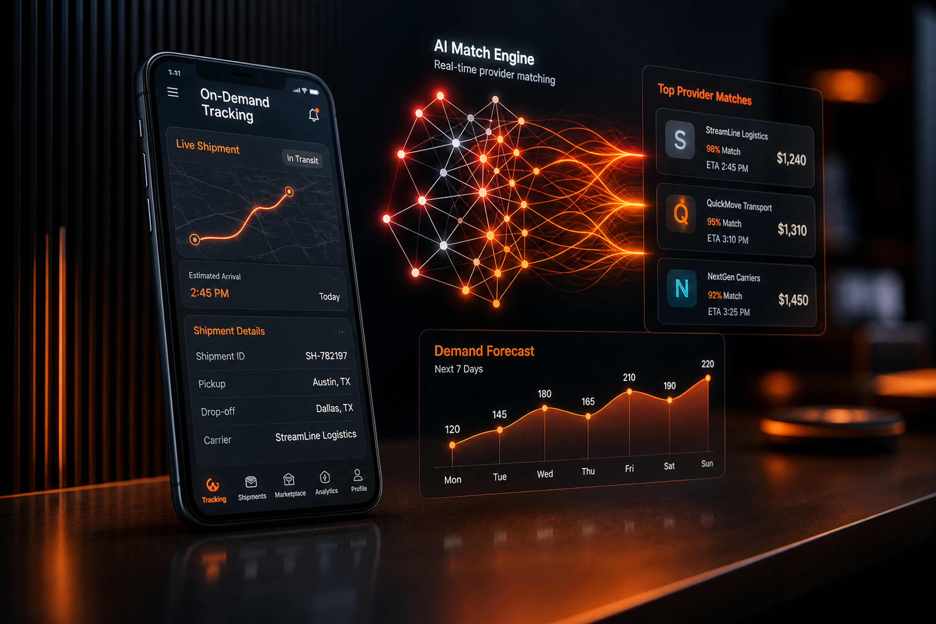 AI-powered on-demand app matching and tracking