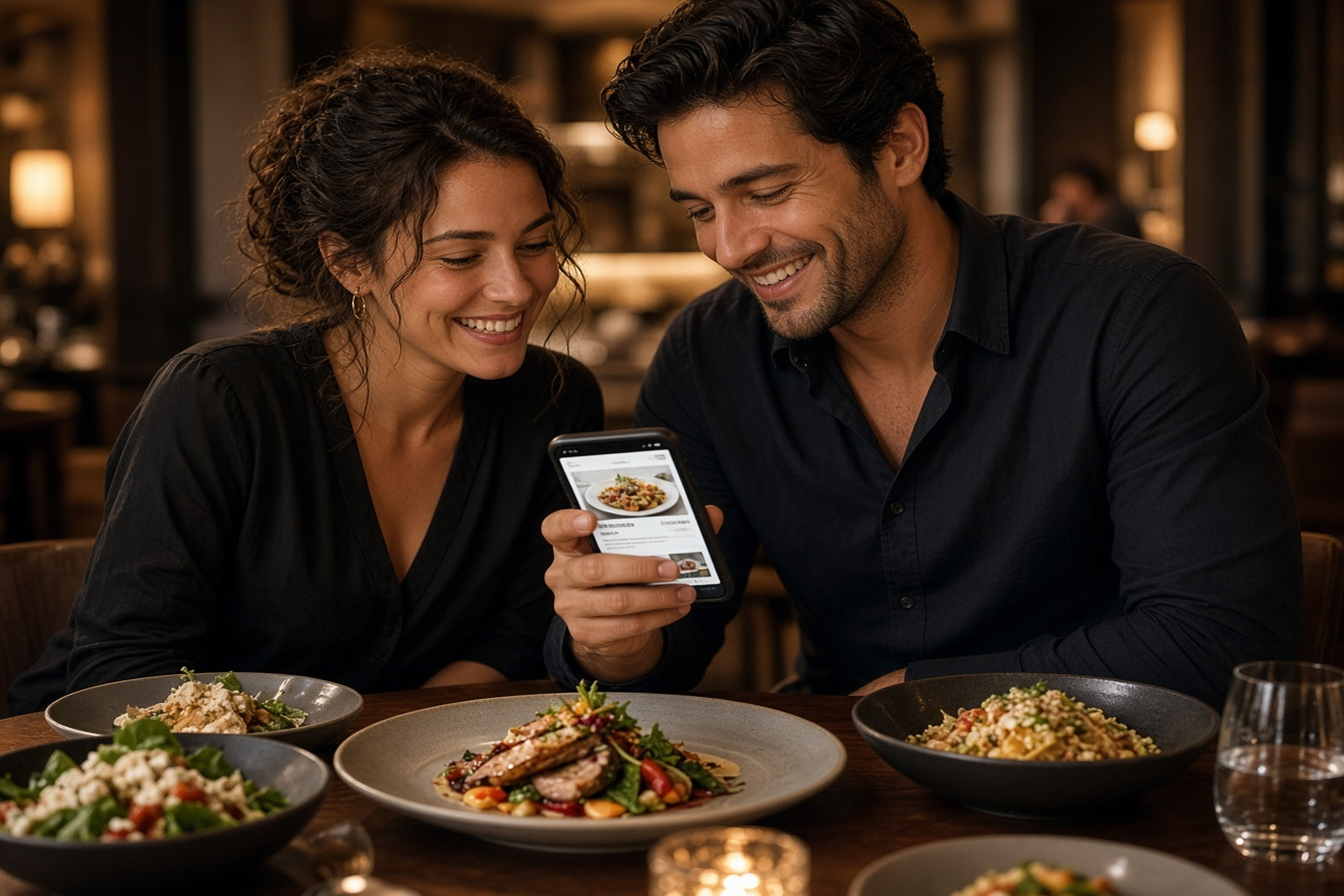 Diners using a restaurant ordering app at the table