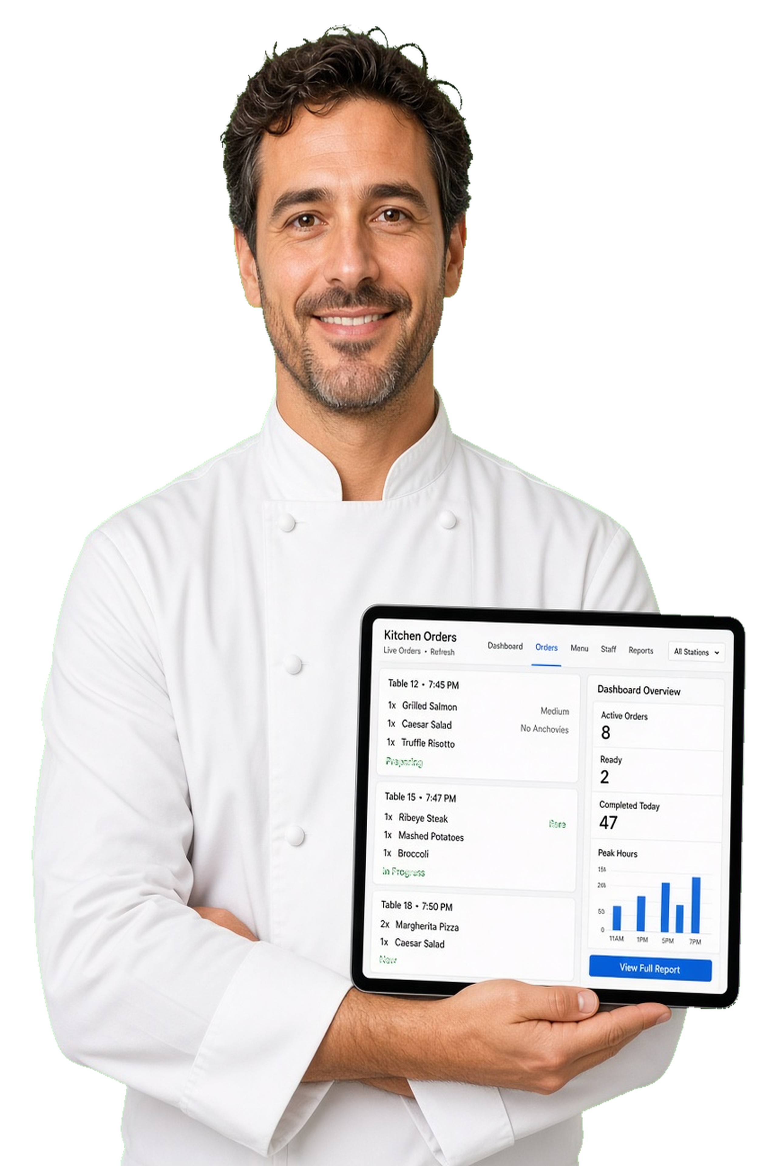 Restaurant chef using a kitchen orders tablet