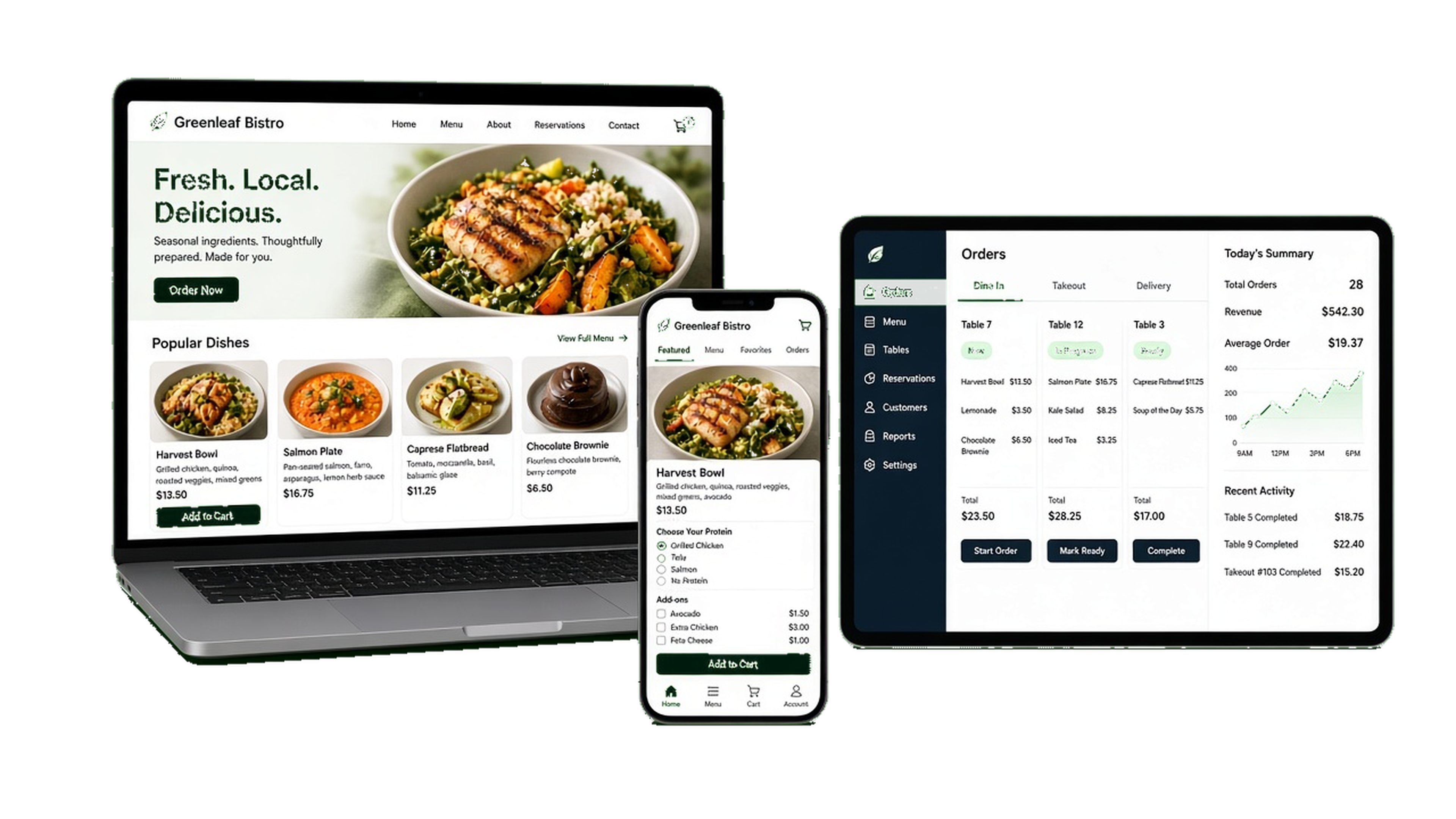 Laptop, phone, and tablet showing restaurant ordering software