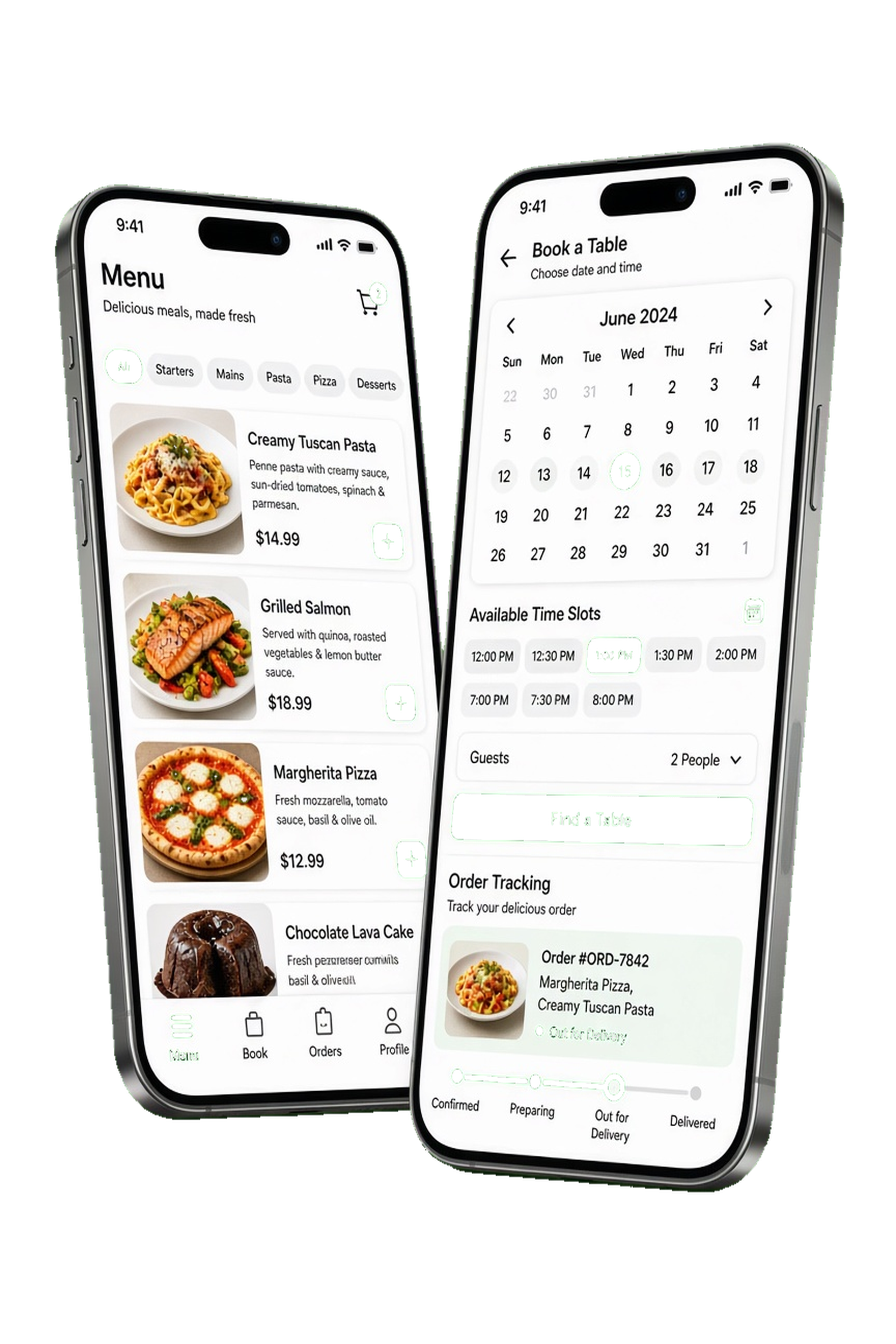 Restaurant app screens with digital menus, ordering, and table booking