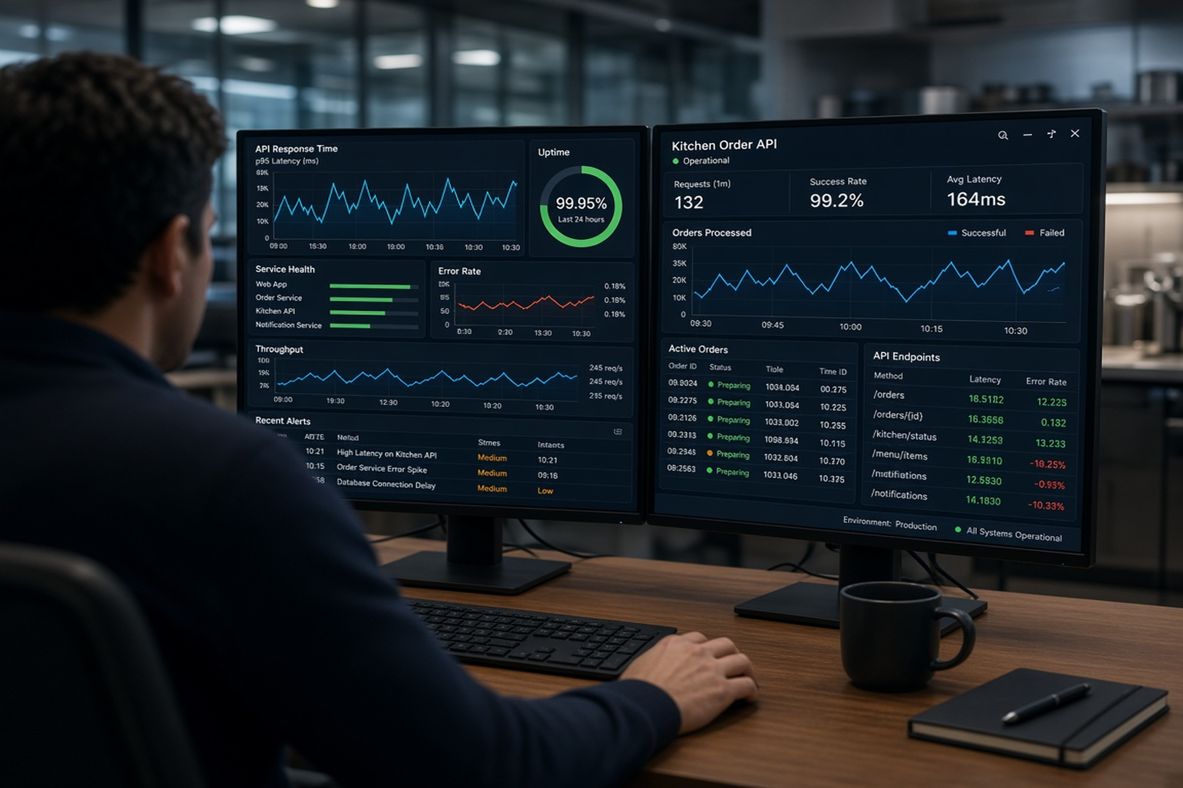 Restaurant app support, POS monitoring, and kitchen operations