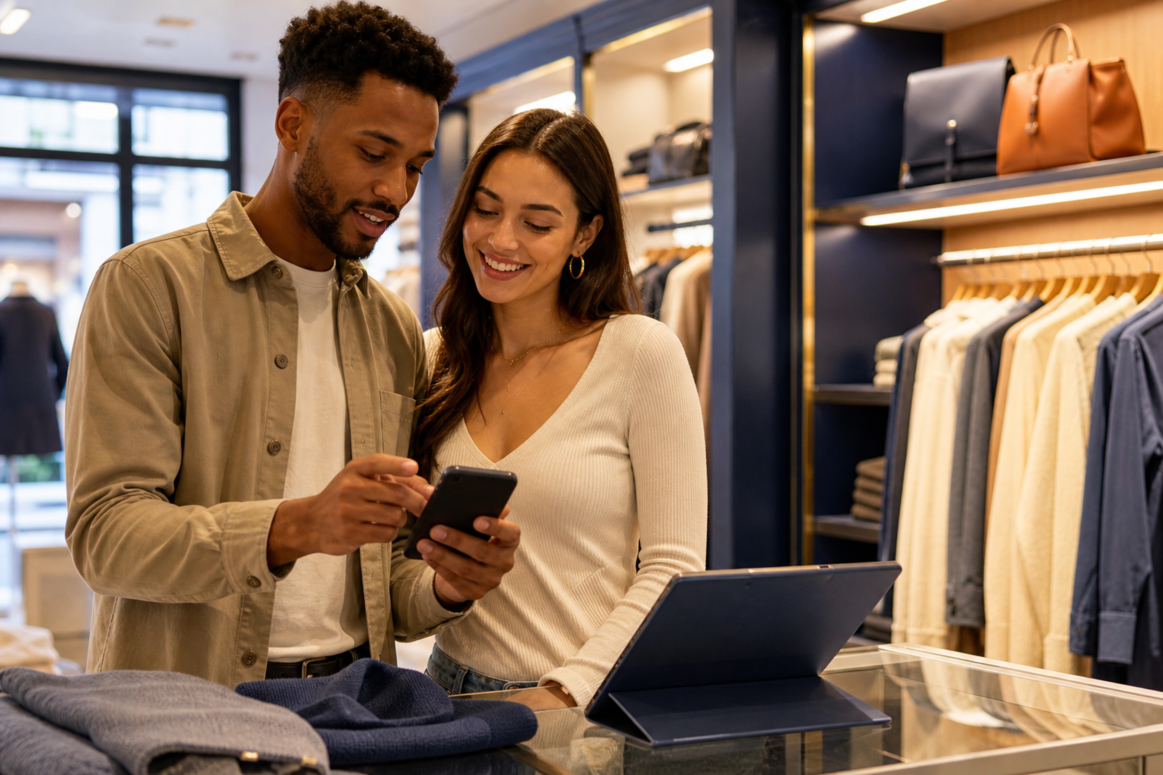 Shoppers using a retail app in a modern store