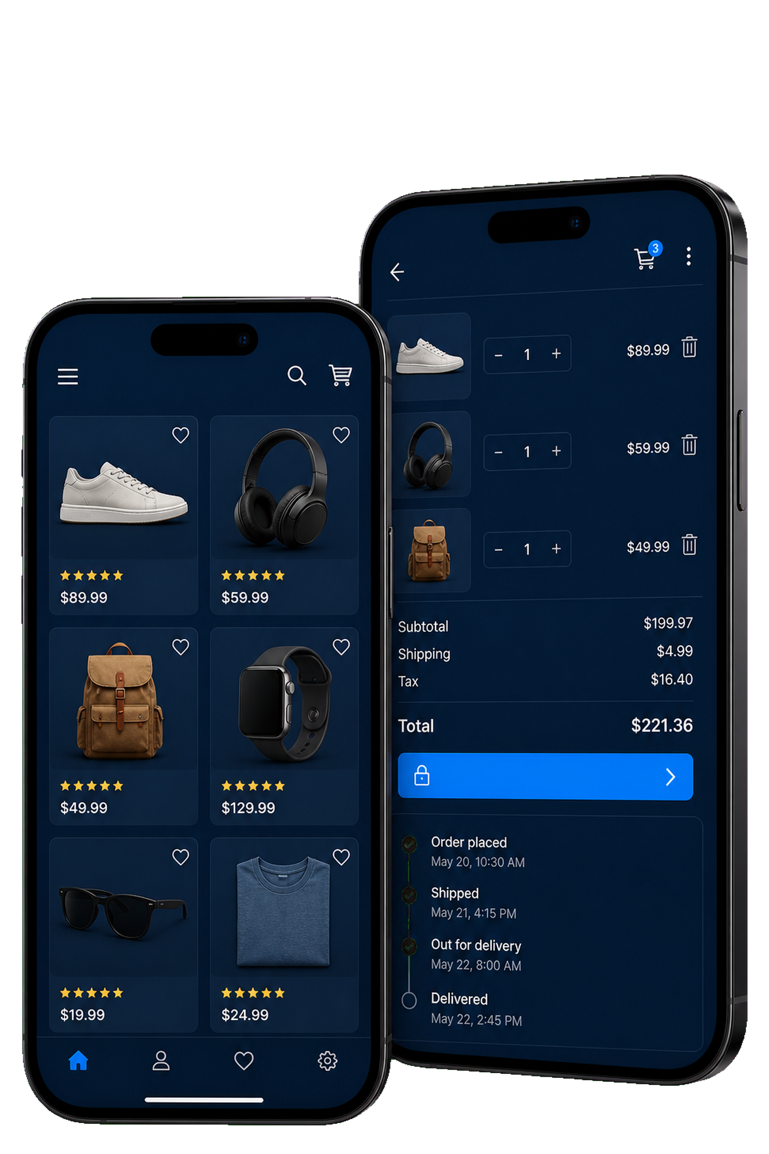 Retail shopping app screens with product search and checkout