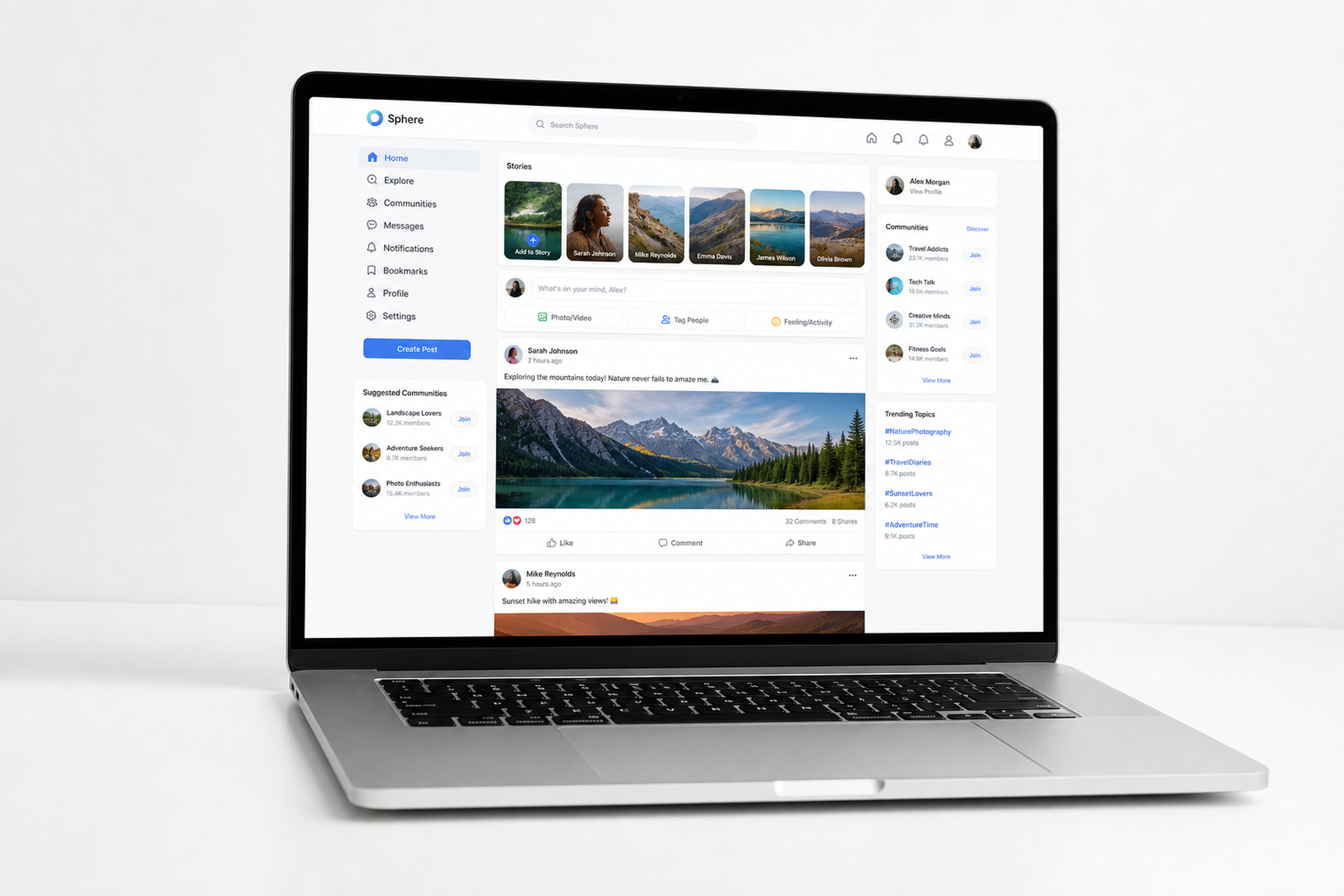 Social media platform screens for communities and feeds