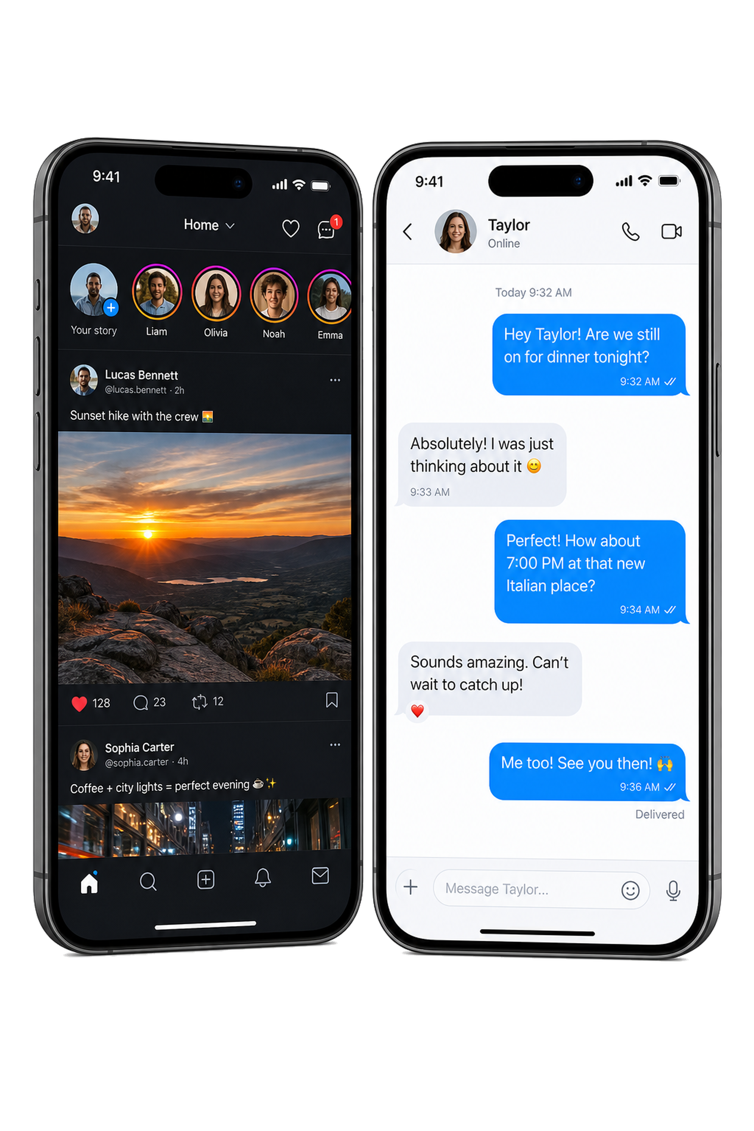 Social media app screens for feeds and messaging