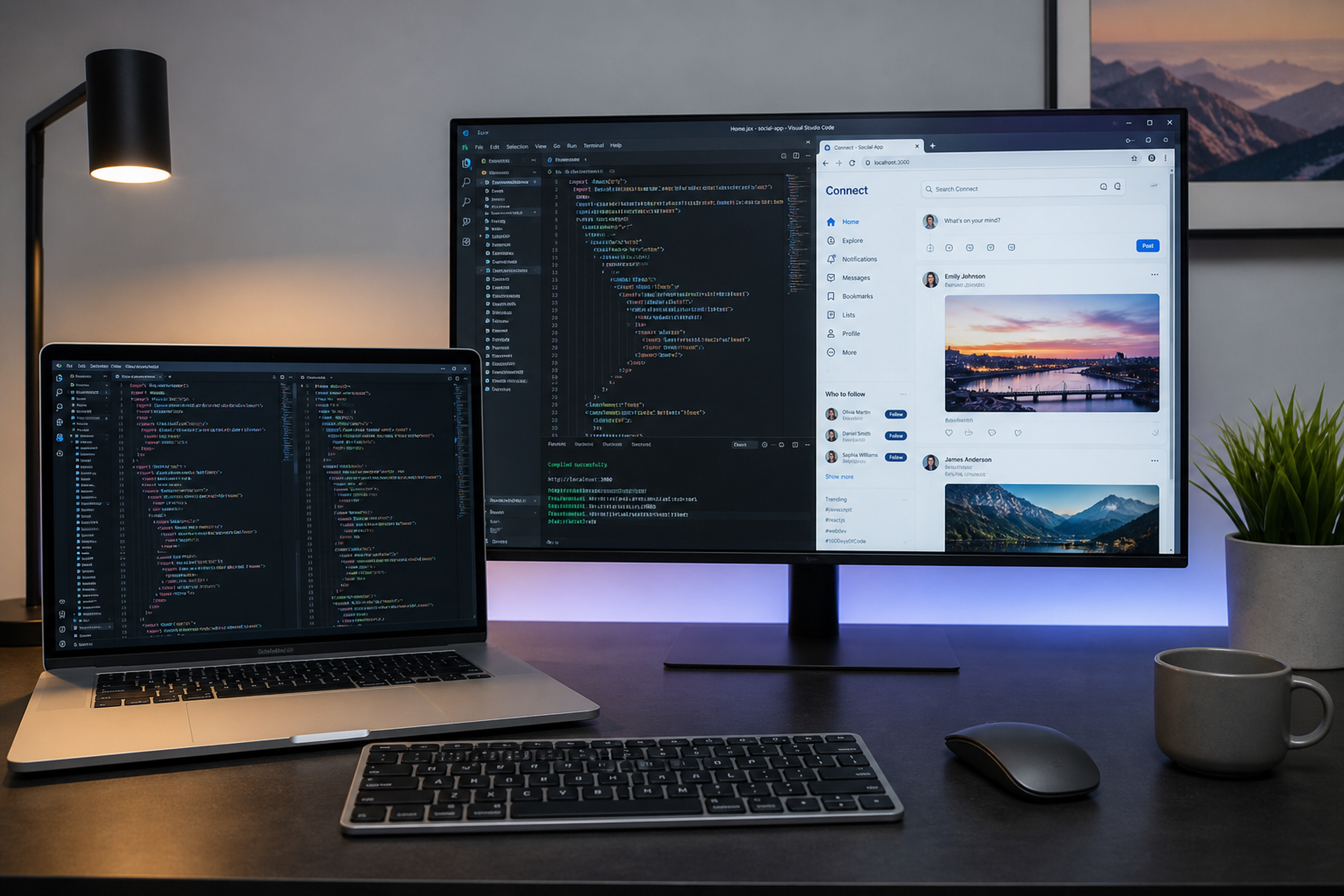 Social media app development workstation with code and live preview