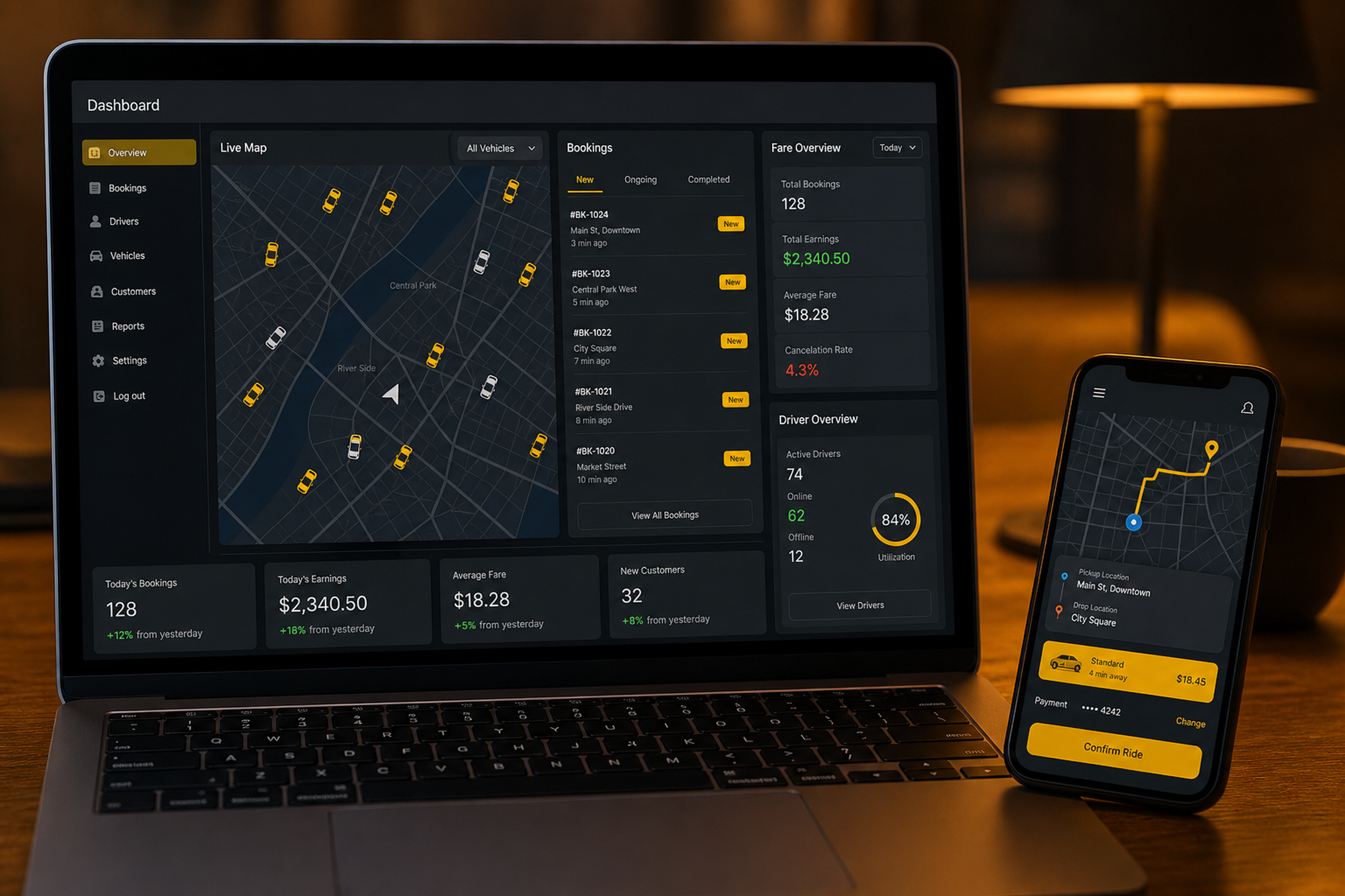Taxi booking dashboard with live map and ride management