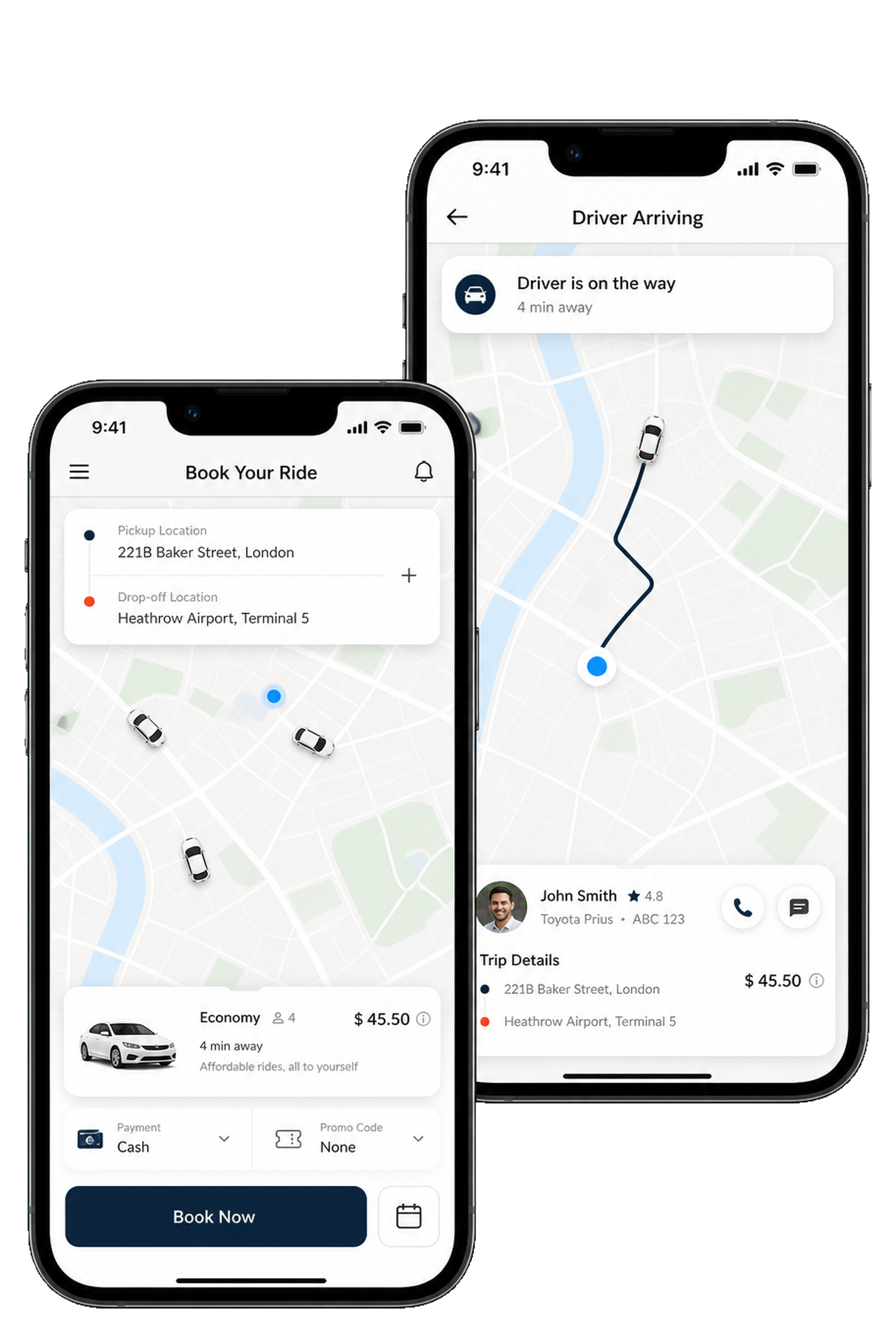 Taxi booking app screens with live map and fare estimate