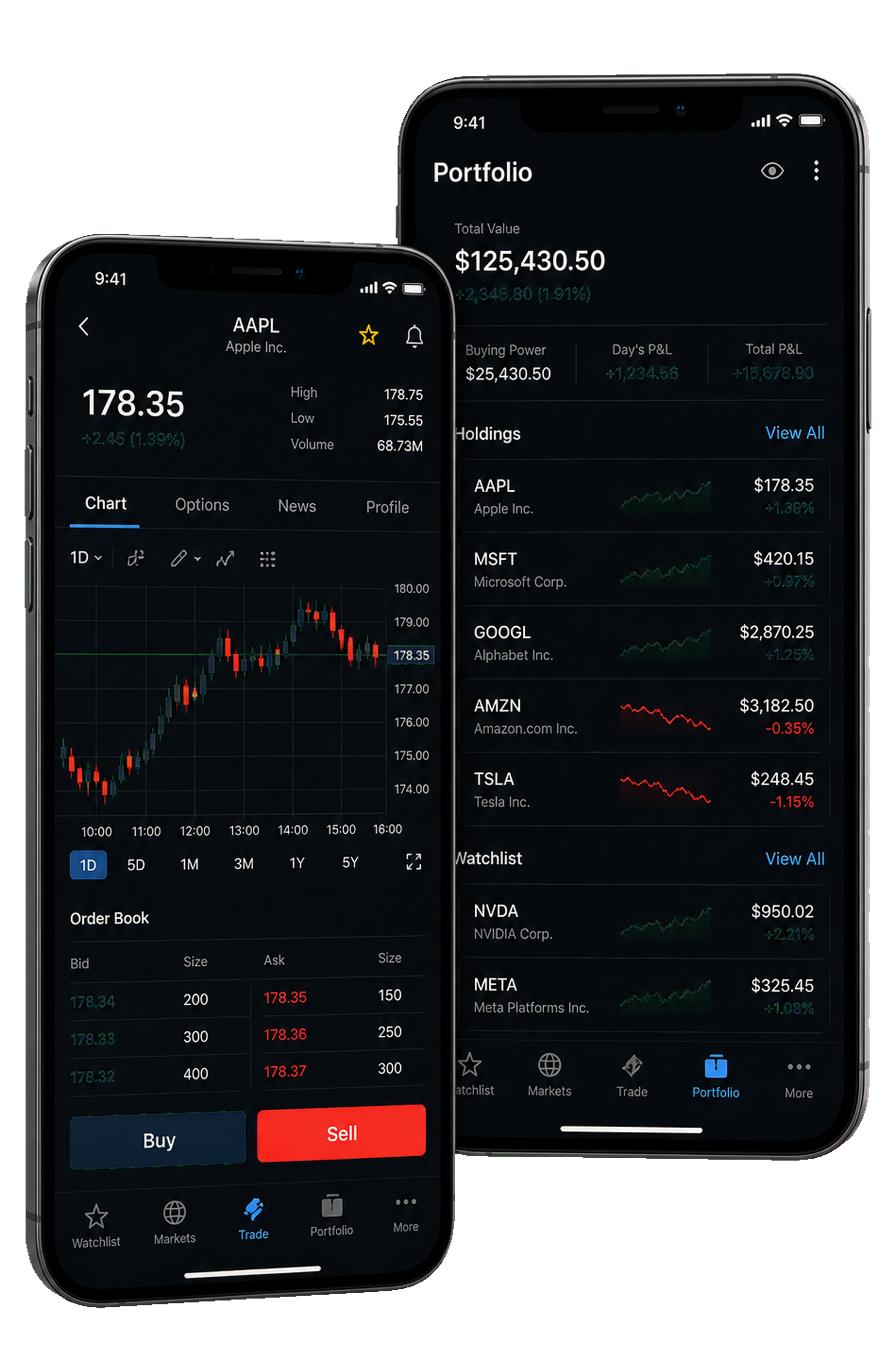 Stock trading app screens with live charts and portfolio tools