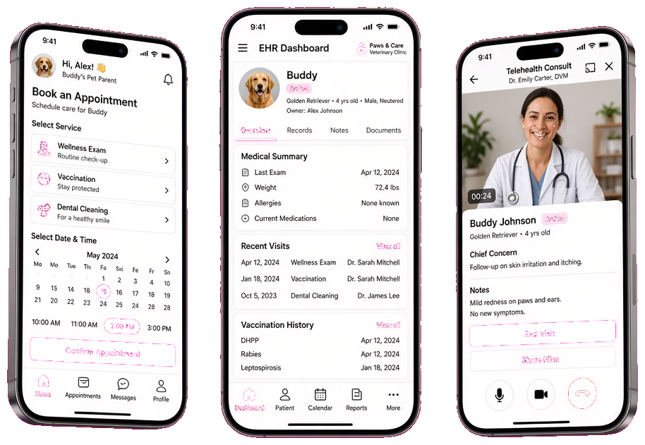 veterinary mobile app screens