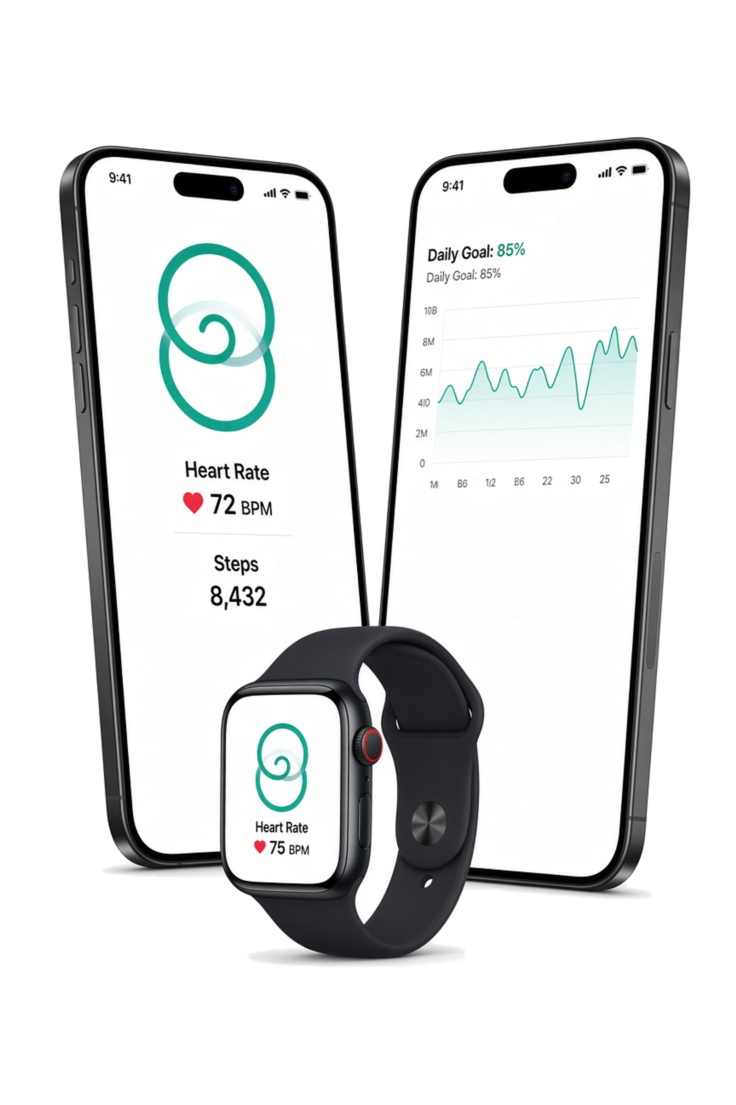 Wearable app screens for smartwatch tracking, health sensors, and live dashboards