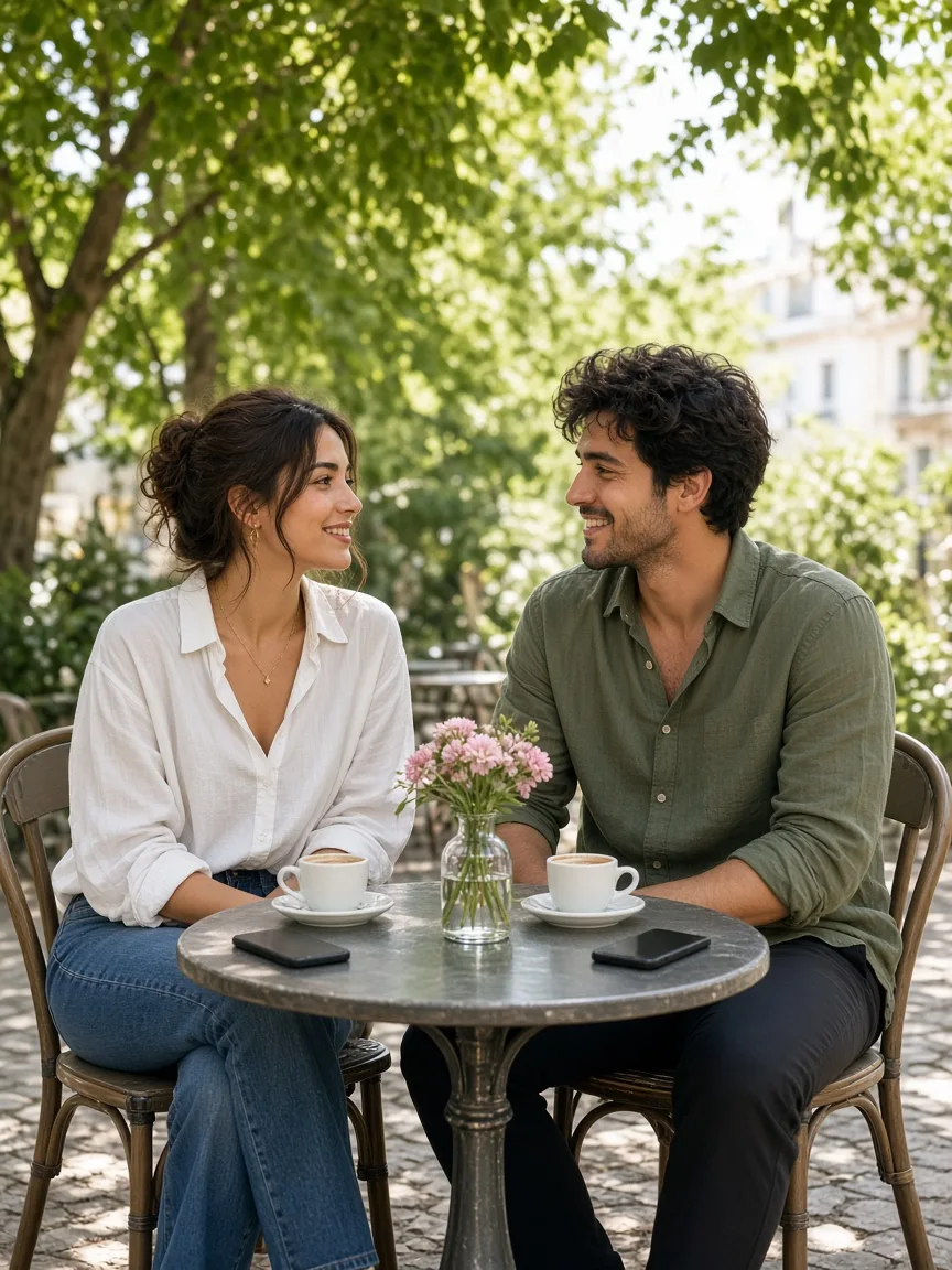 Two people smiling across a sunny cafe table with coffee, pink flowers, and phones placed face down.