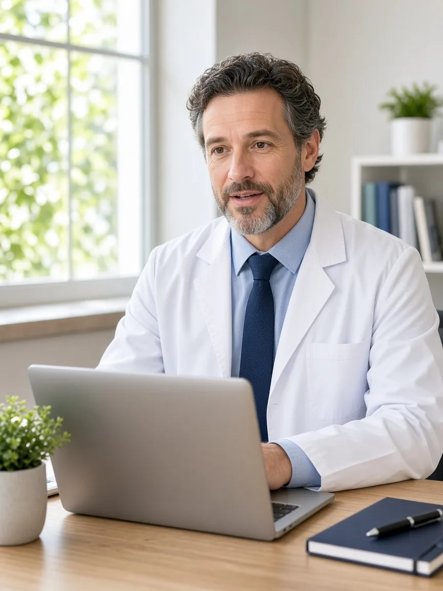 A doctor in a white coat speaks toward a laptop whose screen faces away at a sunny desk.