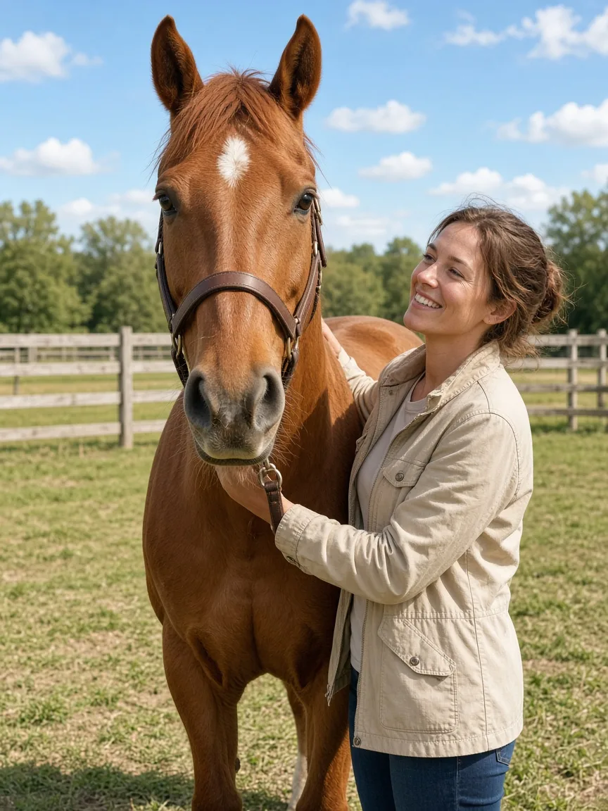 A person stands beside a chestnut horse in a sunny paddock.
