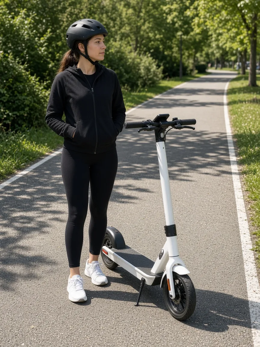 A rider in a helmet stands beside a plain white electric scooter on a sunny path.