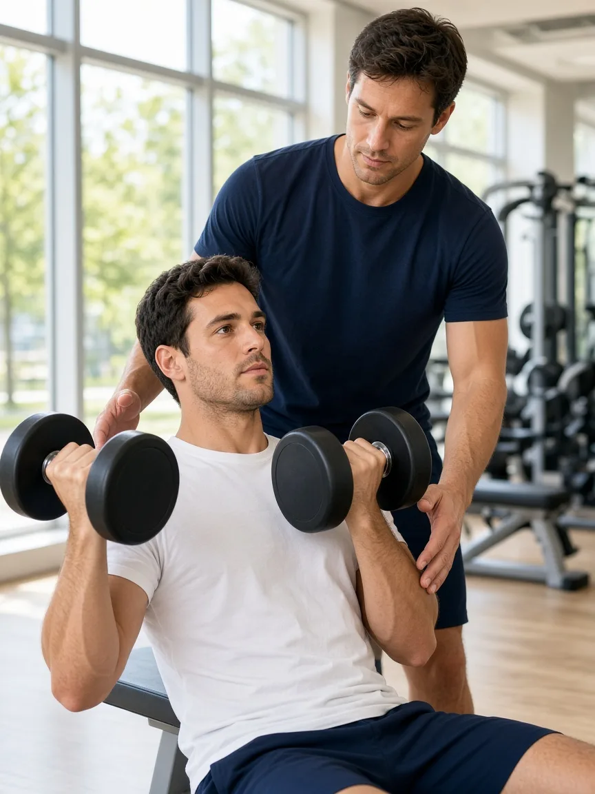 A trainer spots a client lifting a dumbbell in a sunny gym.