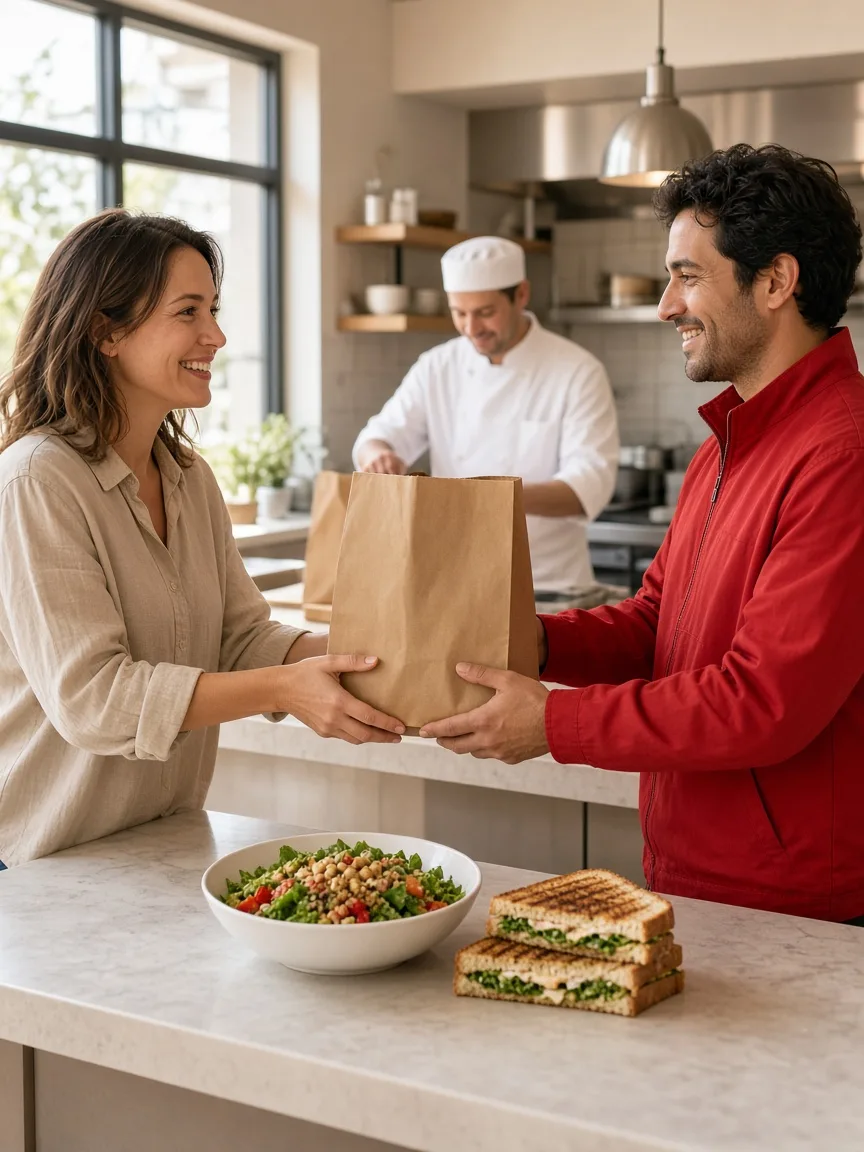 Customer receiving a food bag from a courier while a chef packs another order in a bright restaurant kitchen.
