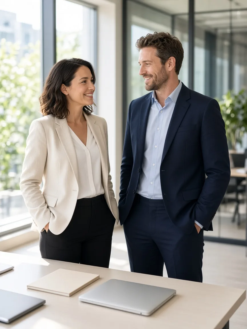 Two finance professionals talk beside a sunny office table with closed laptops and a blank folder.