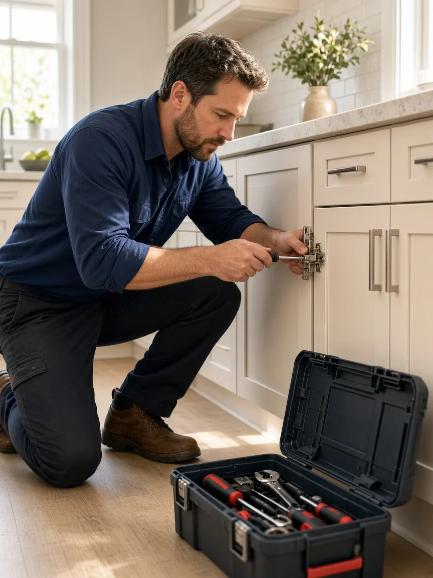 A handyman kneels beside an open toolbox while fixing a cabinet in a sunny kitchen.