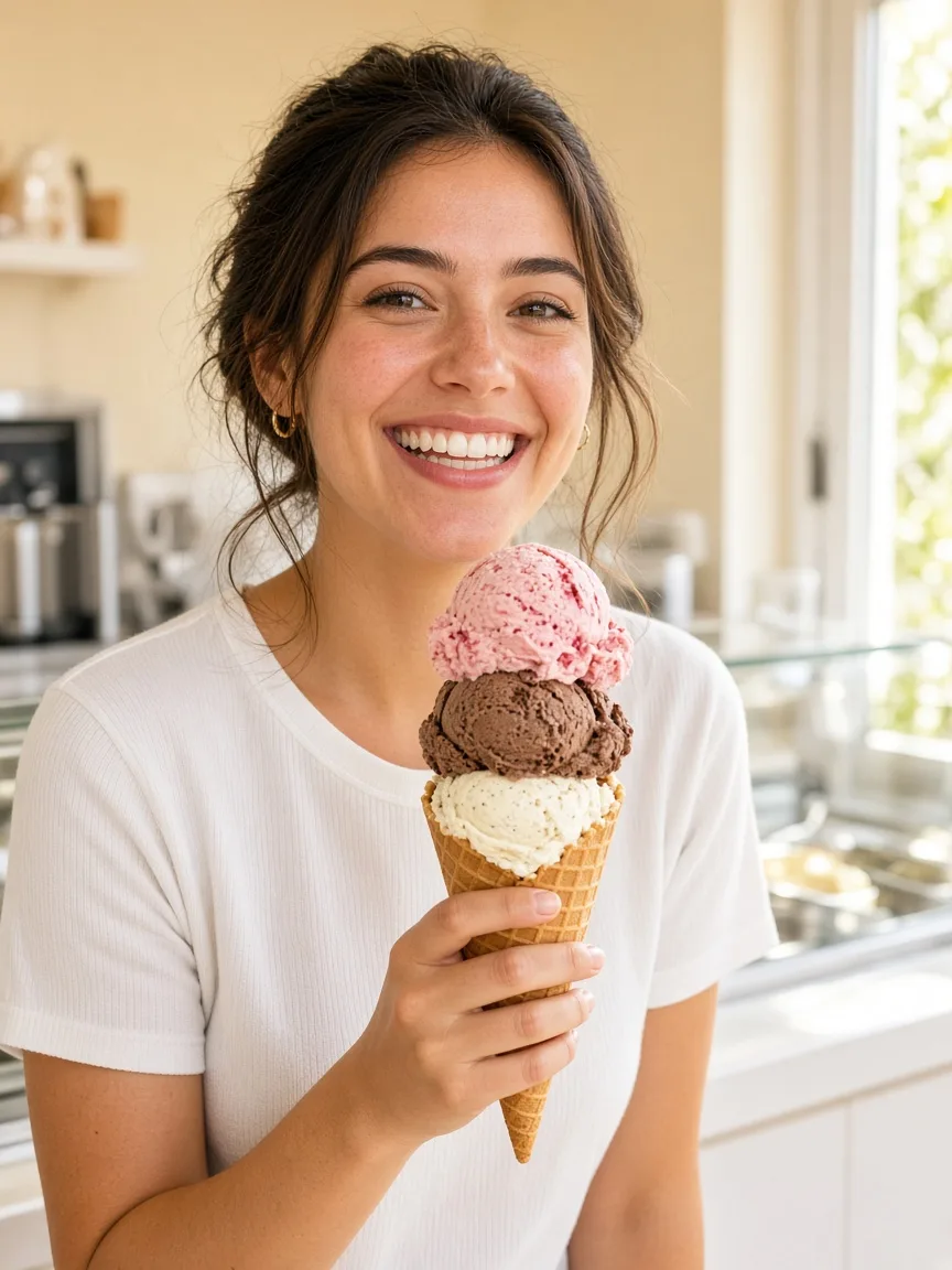 A person holds a waffle cone with strawberry, chocolate, and vanilla scoops in a sunny shop.