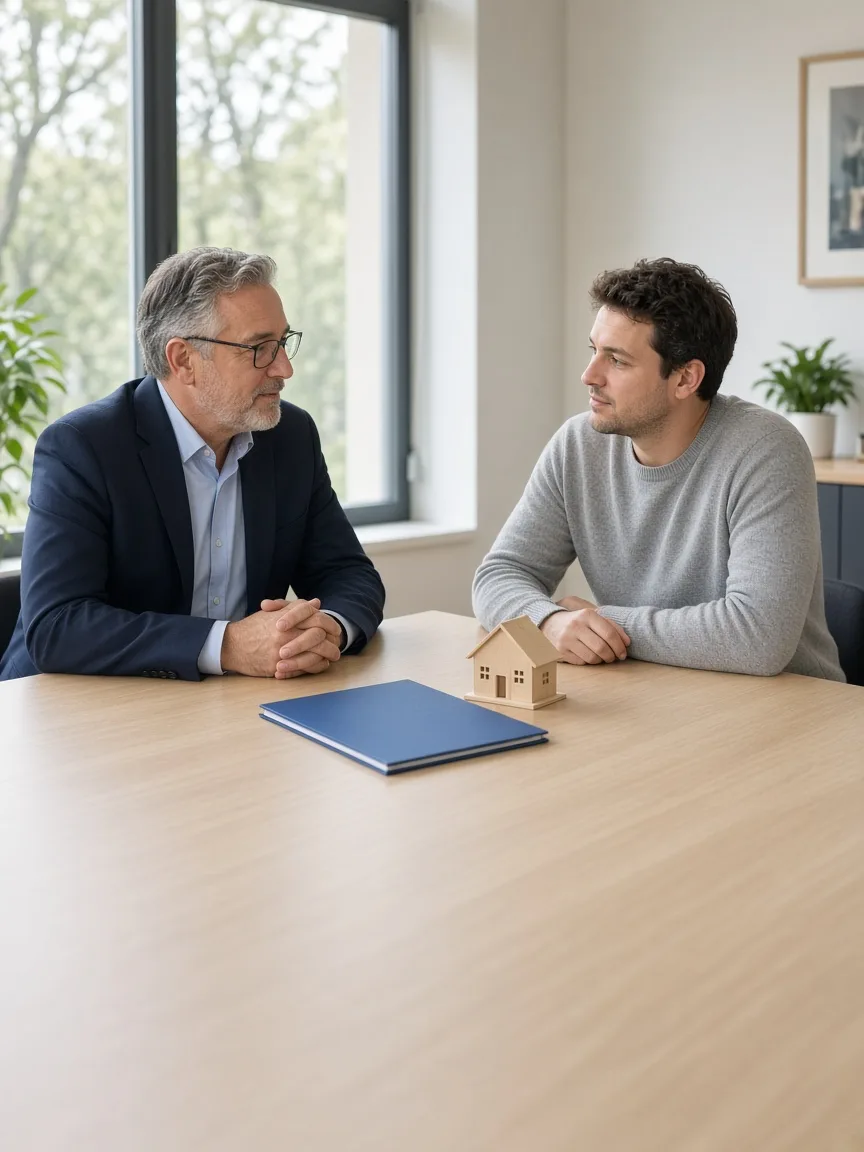 An advisor and a client talk at a sunny table with a closed folder and a small wooden house.