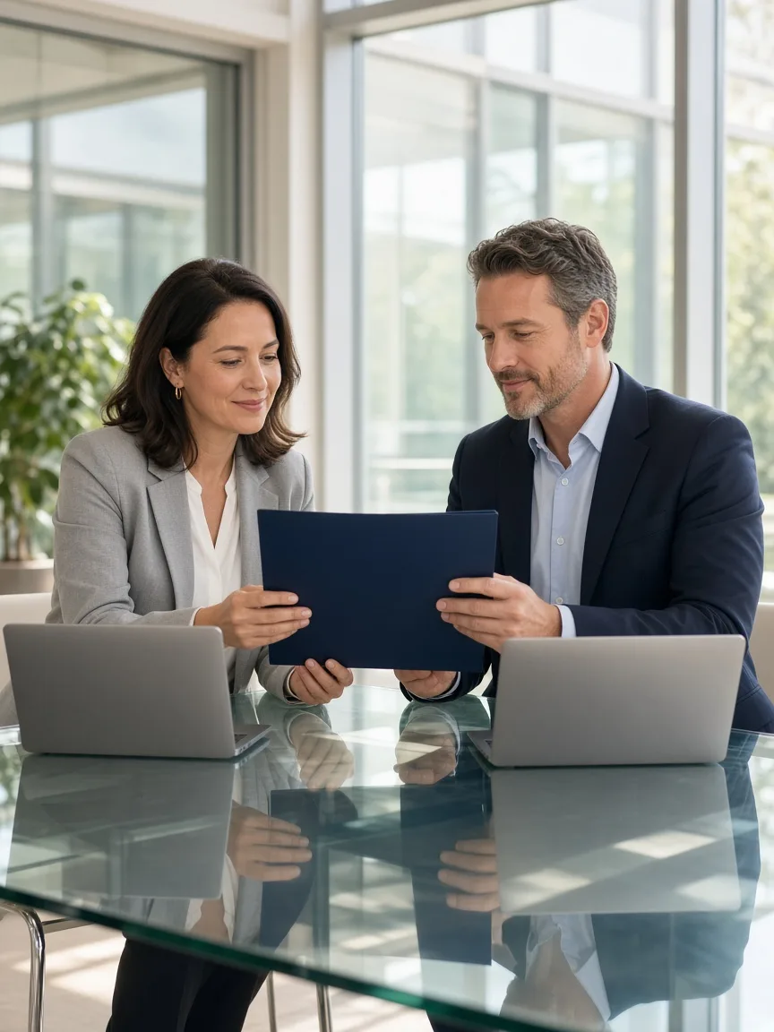 Two colleagues review a blank navy folder at a sunlit glass table with closed laptops.