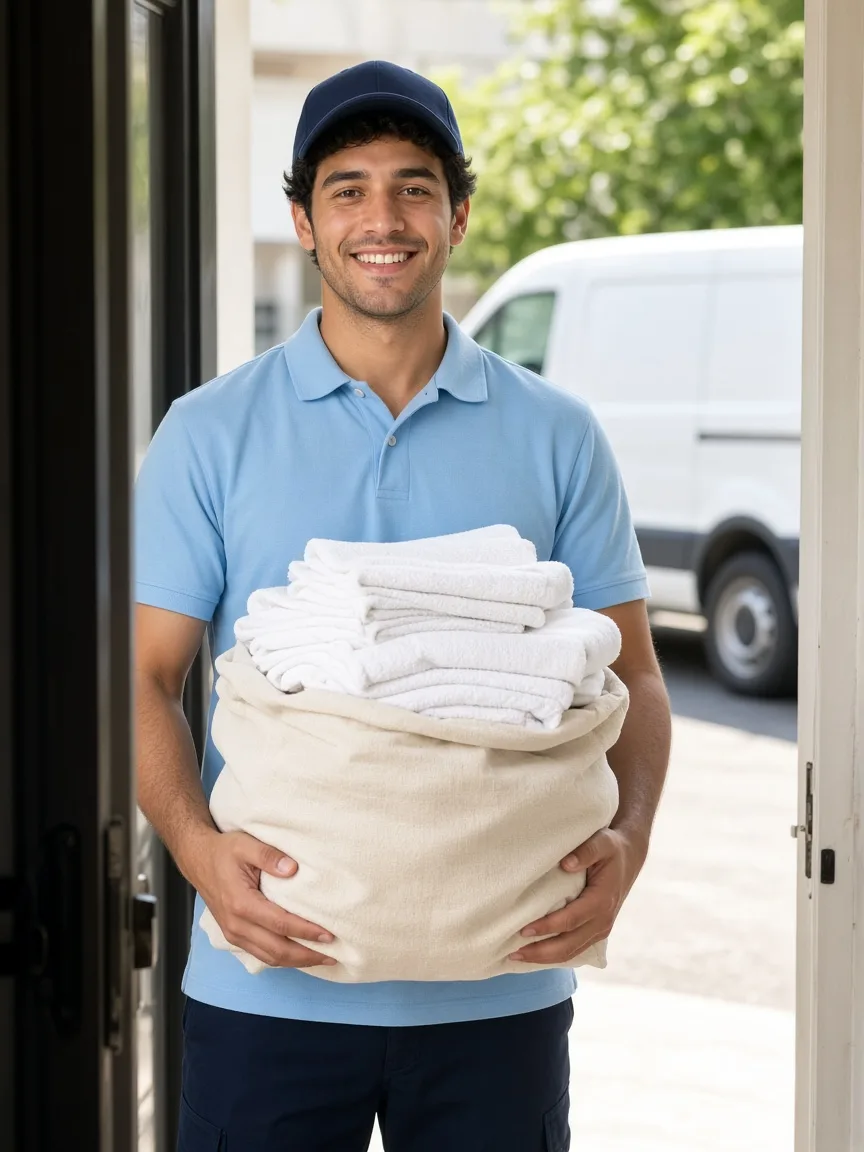 A courier in a light blue shirt holds a canvas bag of folded white towels in a sunny doorway.