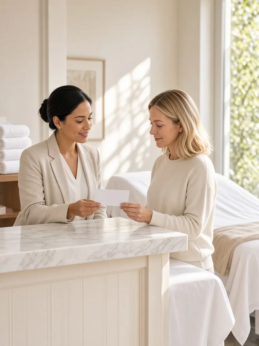 A spa receptionist and a client review a blank appointment card beside folded towels and a treatment table.