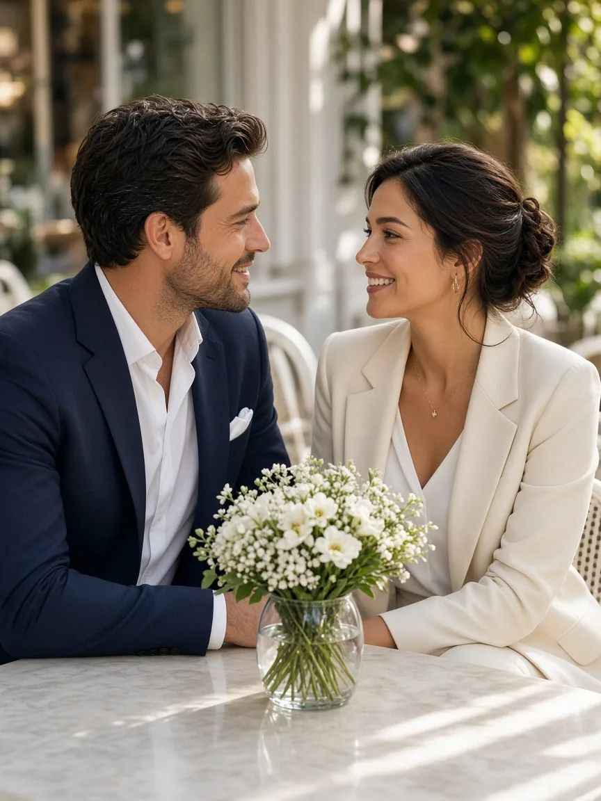 A couple sits across a sunny cafe table with a small bouquet of white flowers between them.