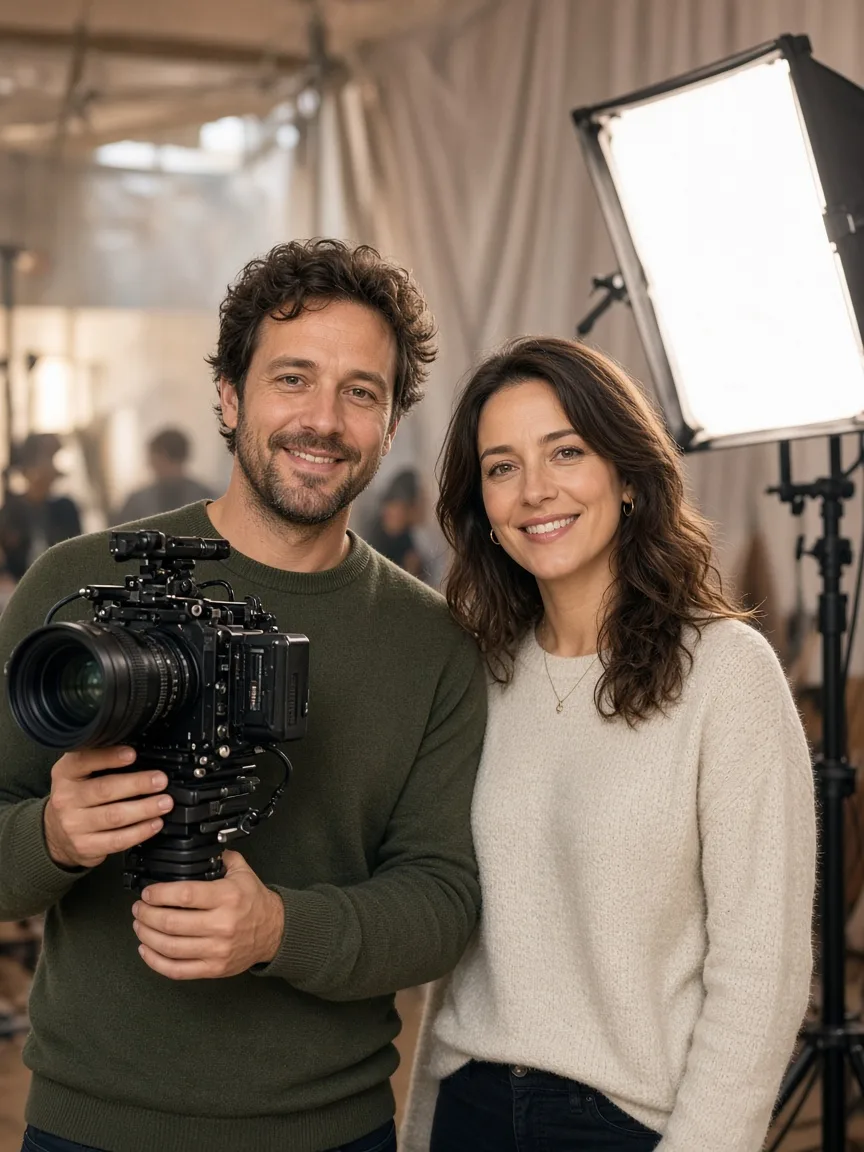 A camera operator and a colleague stand together on a bright indoor film set.