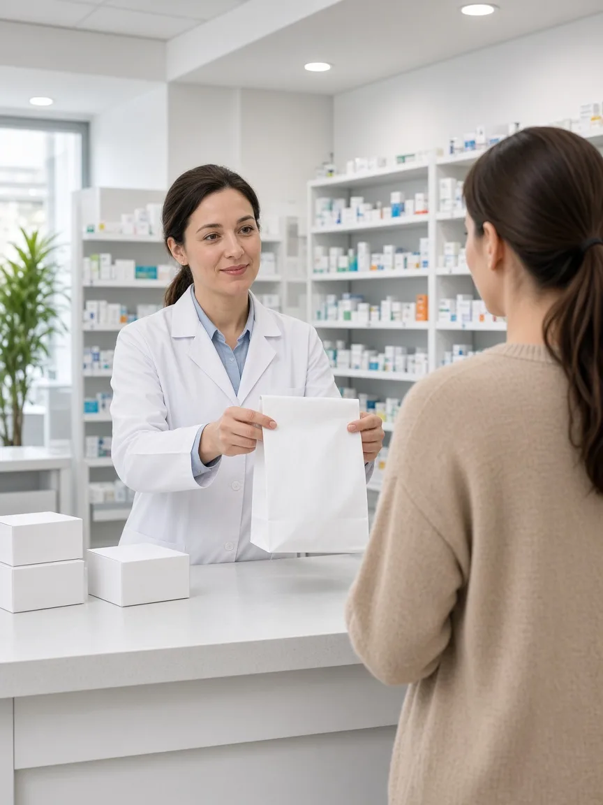 A pharmacist hands a plain white paper bag to a customer across a bright pharmacy counter.