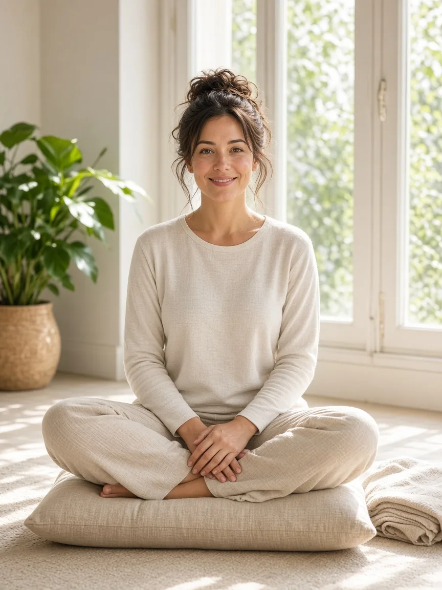 A person sits cross legged on a linen cushion in a bright room with a plant and a large window.