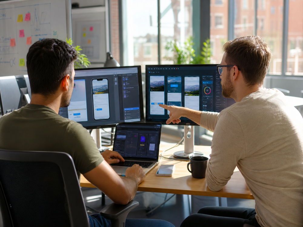 Software engineering team collaborating on mobile apps