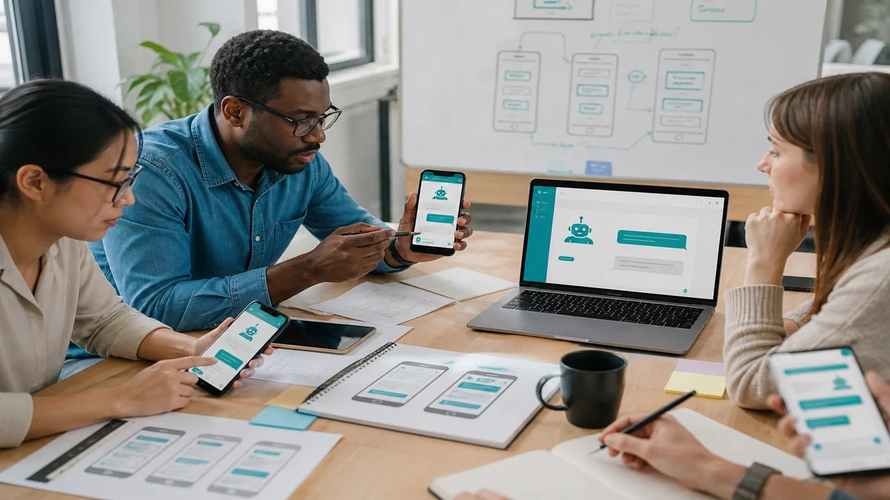 Product team designing an AI chatbot app on phones and laptops